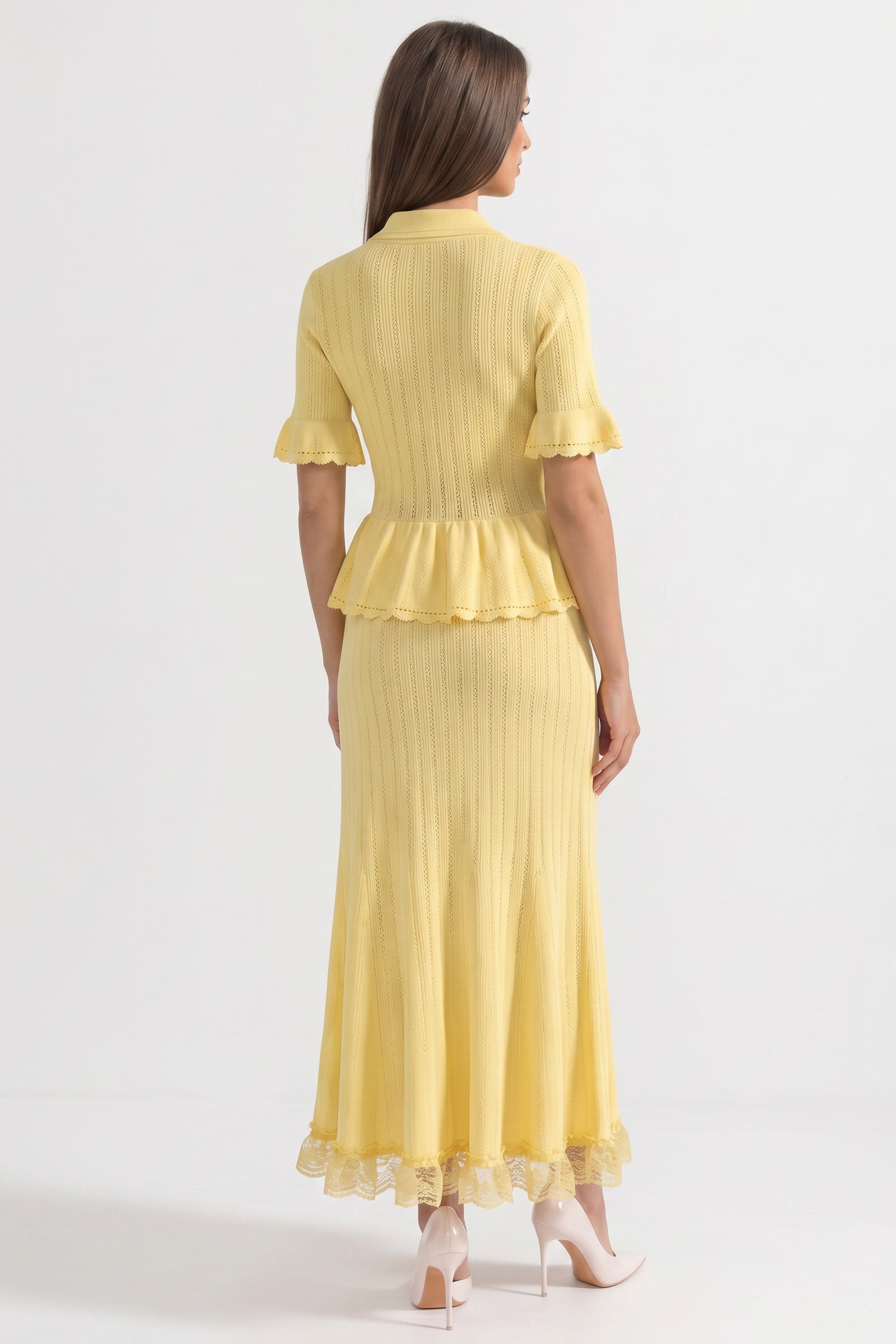 Rochie maxi tricotată peplum cu guler Peter Pan și tiv din dantelă - Galben