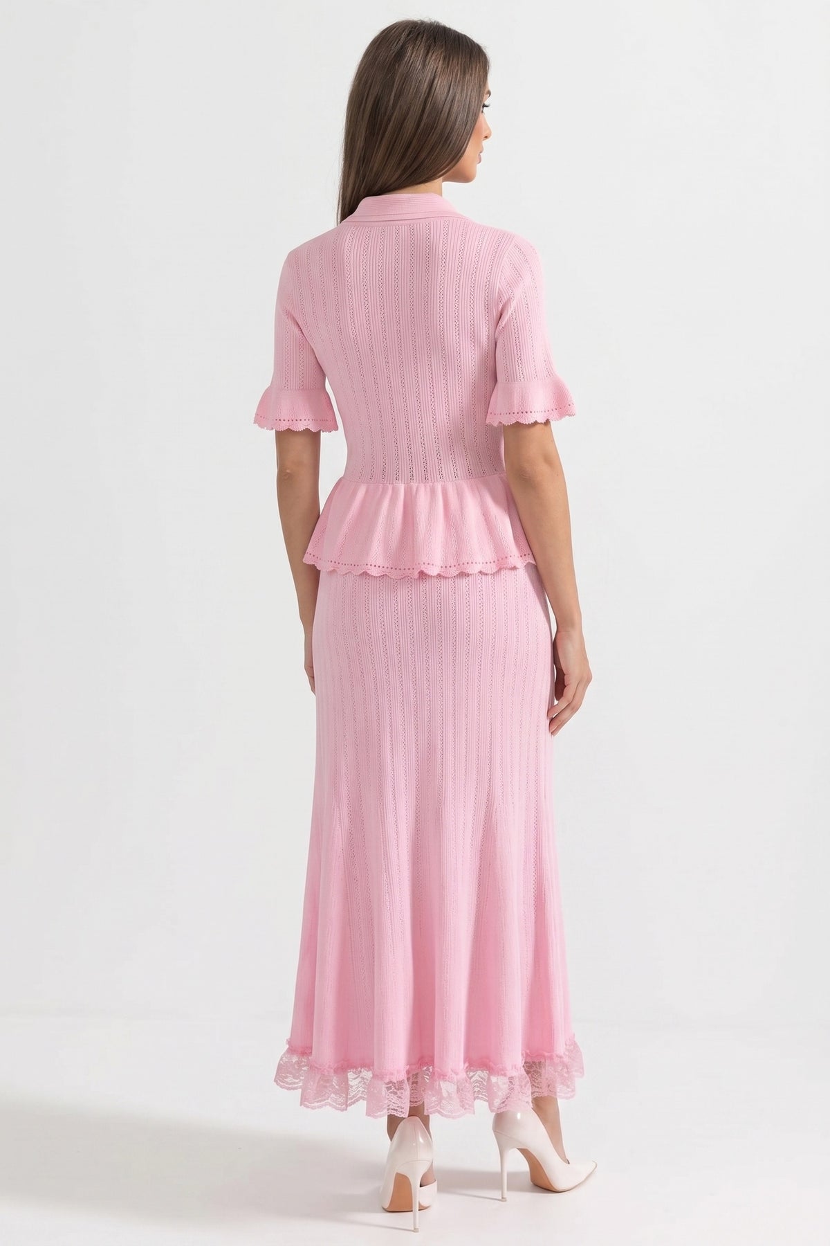 Rochie maxi tricotată peplum cu guler Peter-Pan și tiv din dantelă - Pink
