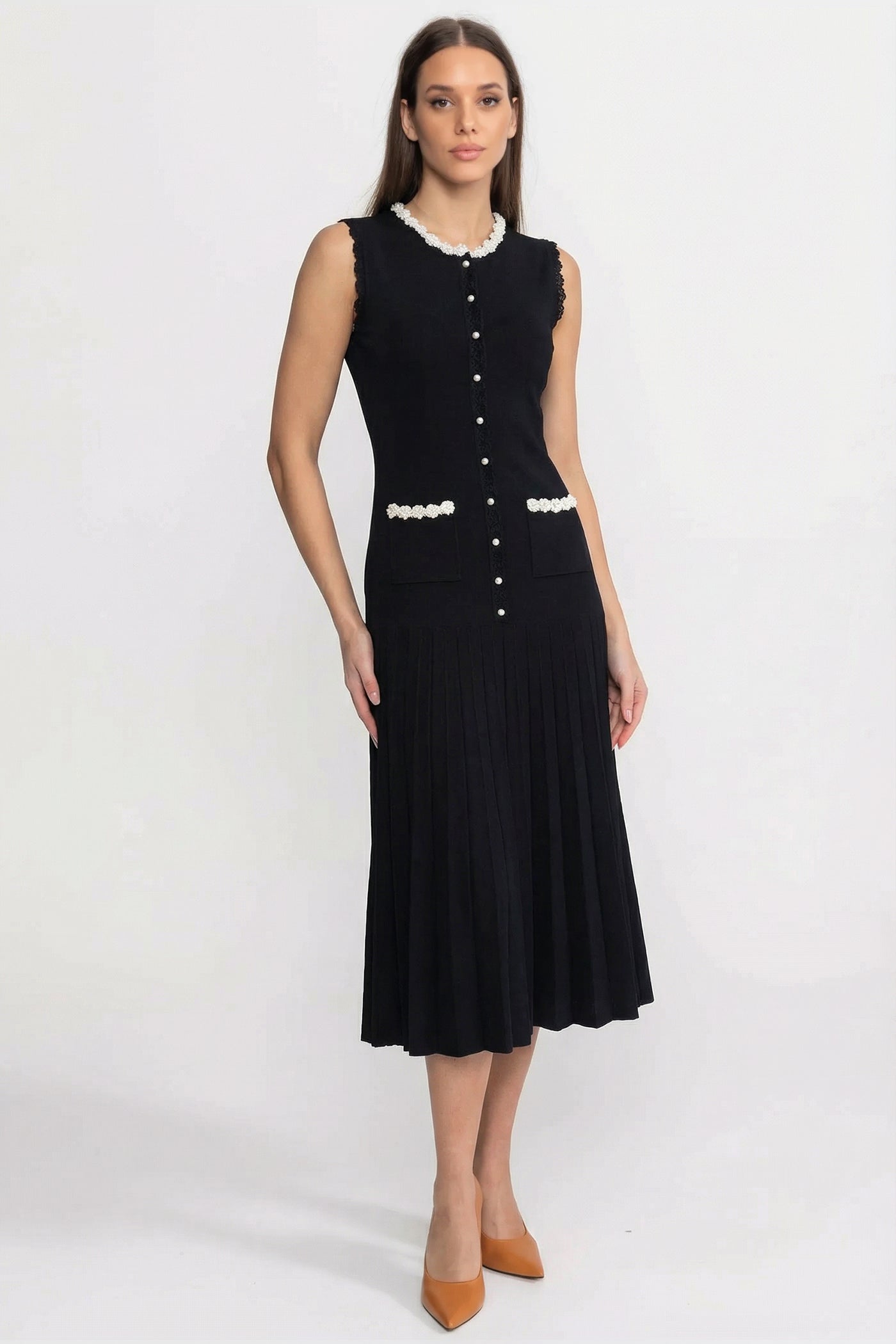 Rochie midi fără mâneci cu detalii de margine din perle - Negru