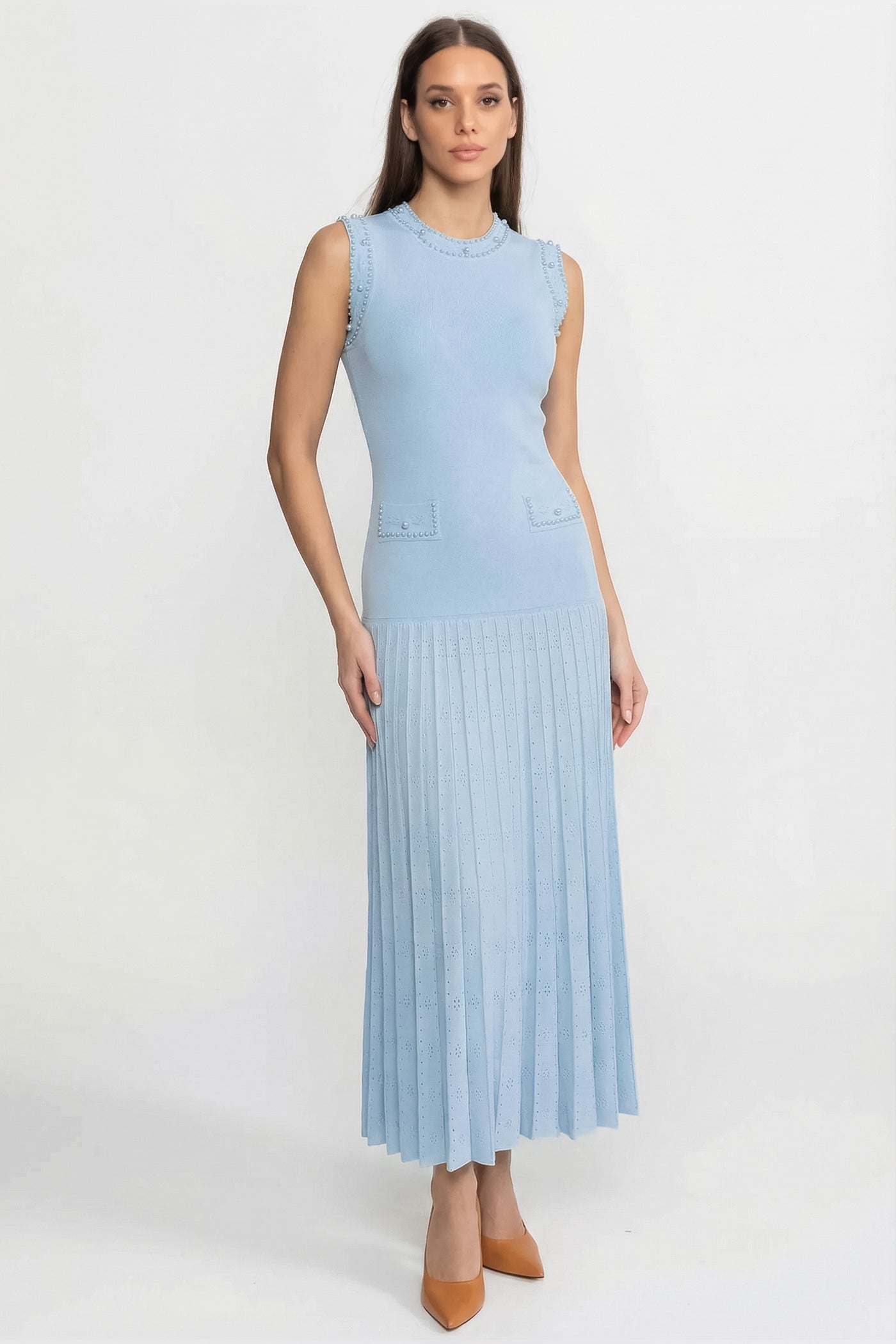 Knitted Sleeveless Midi Dress With Pearl Embellishments - Blue