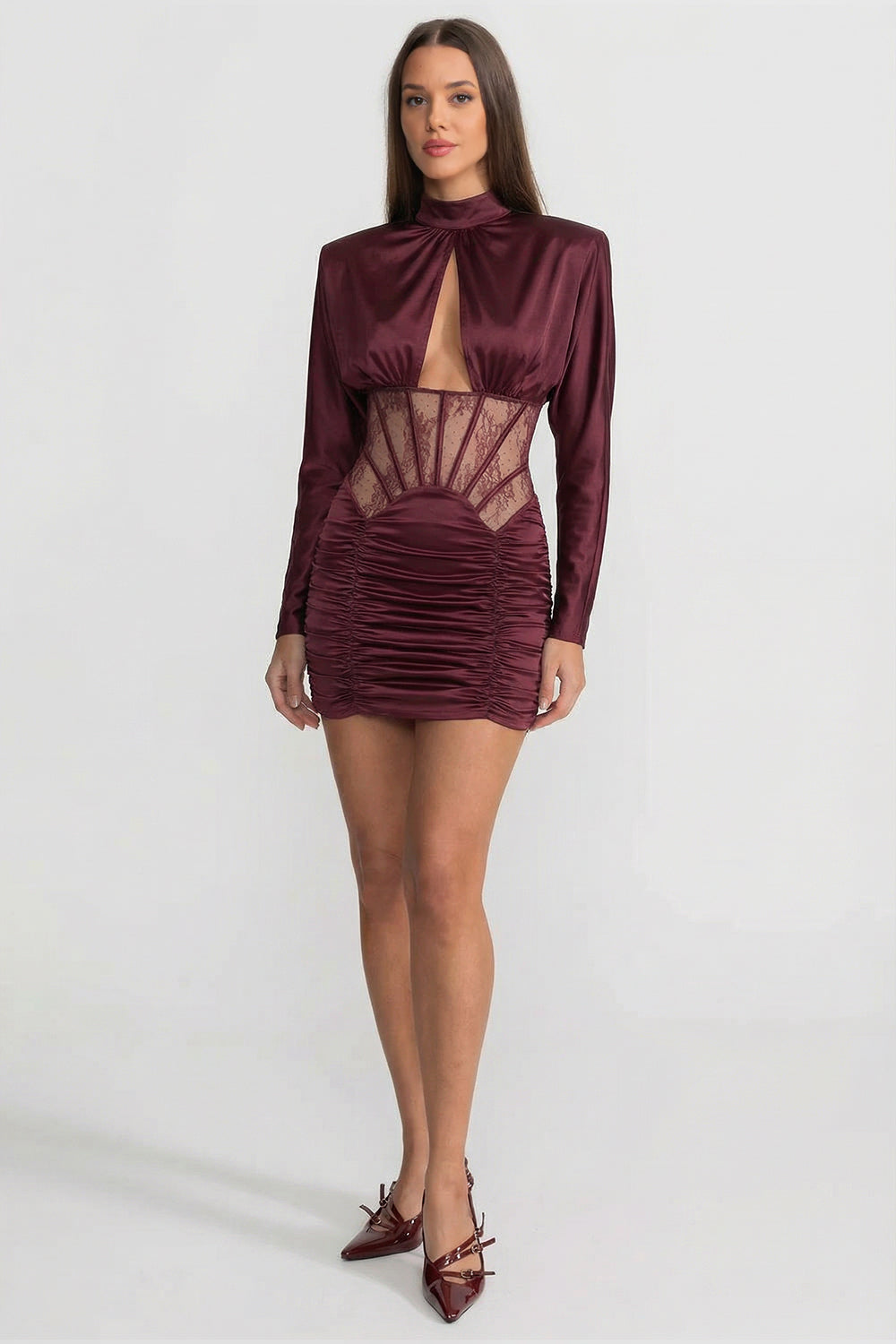 Rochie Mini din Satin cu Inserție de Corset din Dantelă – Burgundy