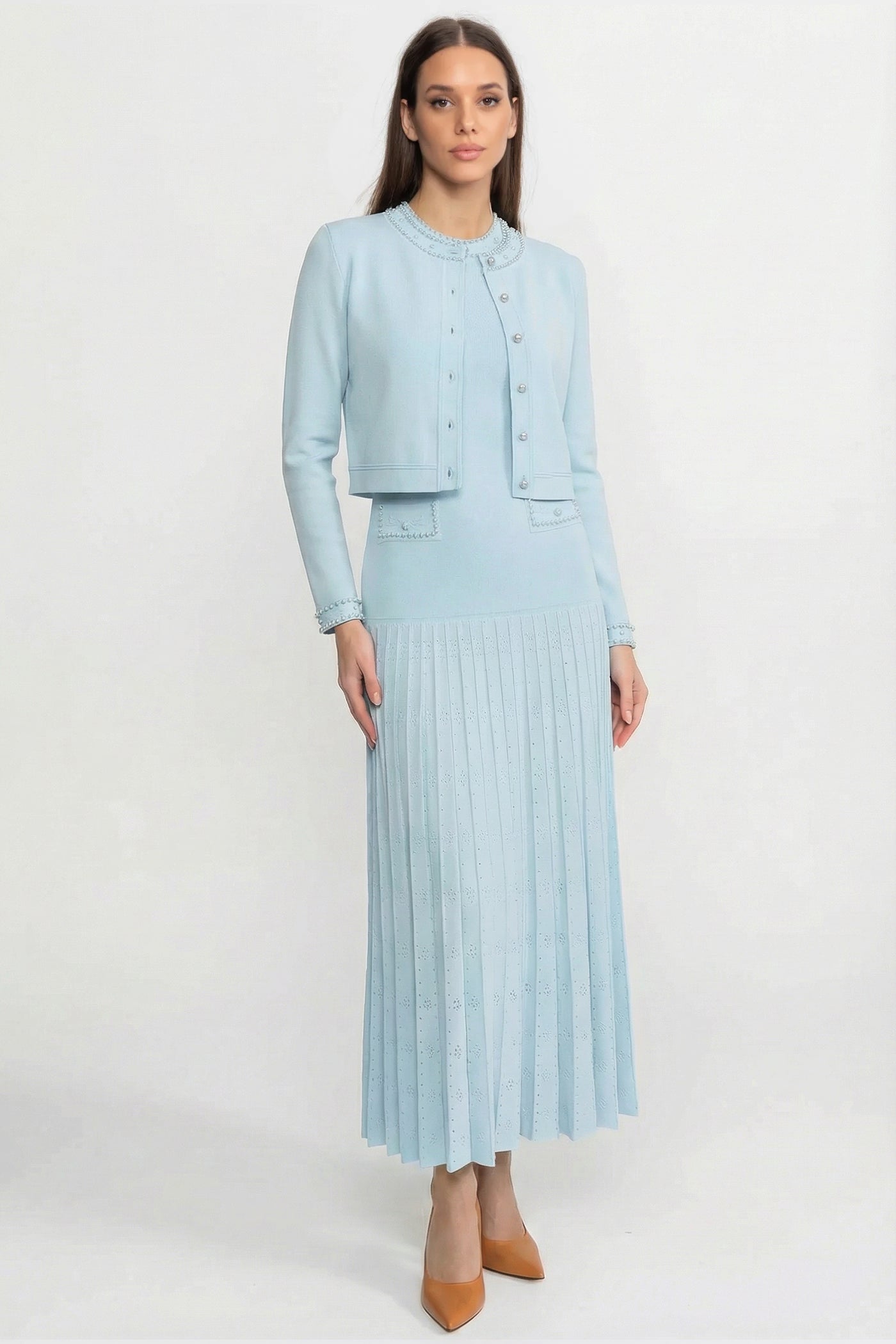 Knitted Cardigan With Pearl Buttons And Embellishments - Blue