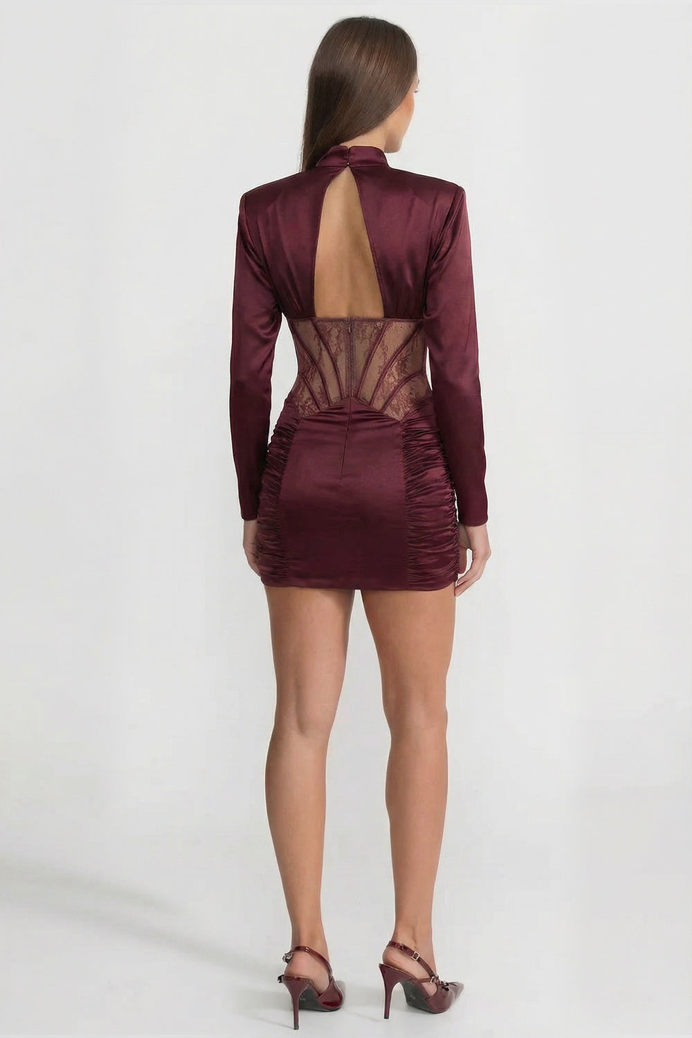 Rochie Mini din Satin cu Inserție de Corset din Dantelă – Burgundy