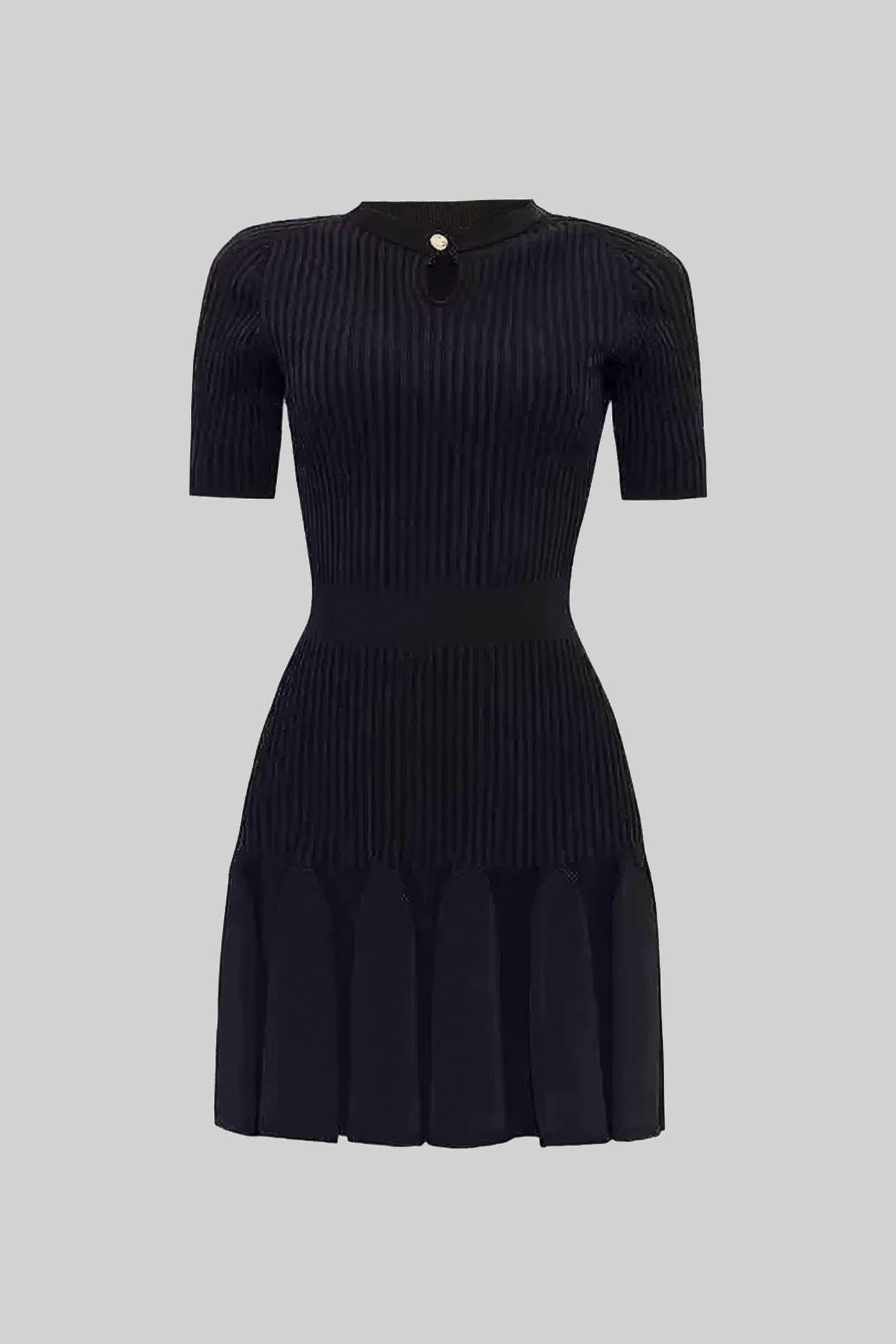Rochie Mini Tricotată cu Dungi, Guler cu Decupaj și Nasturi Aurii - Negru