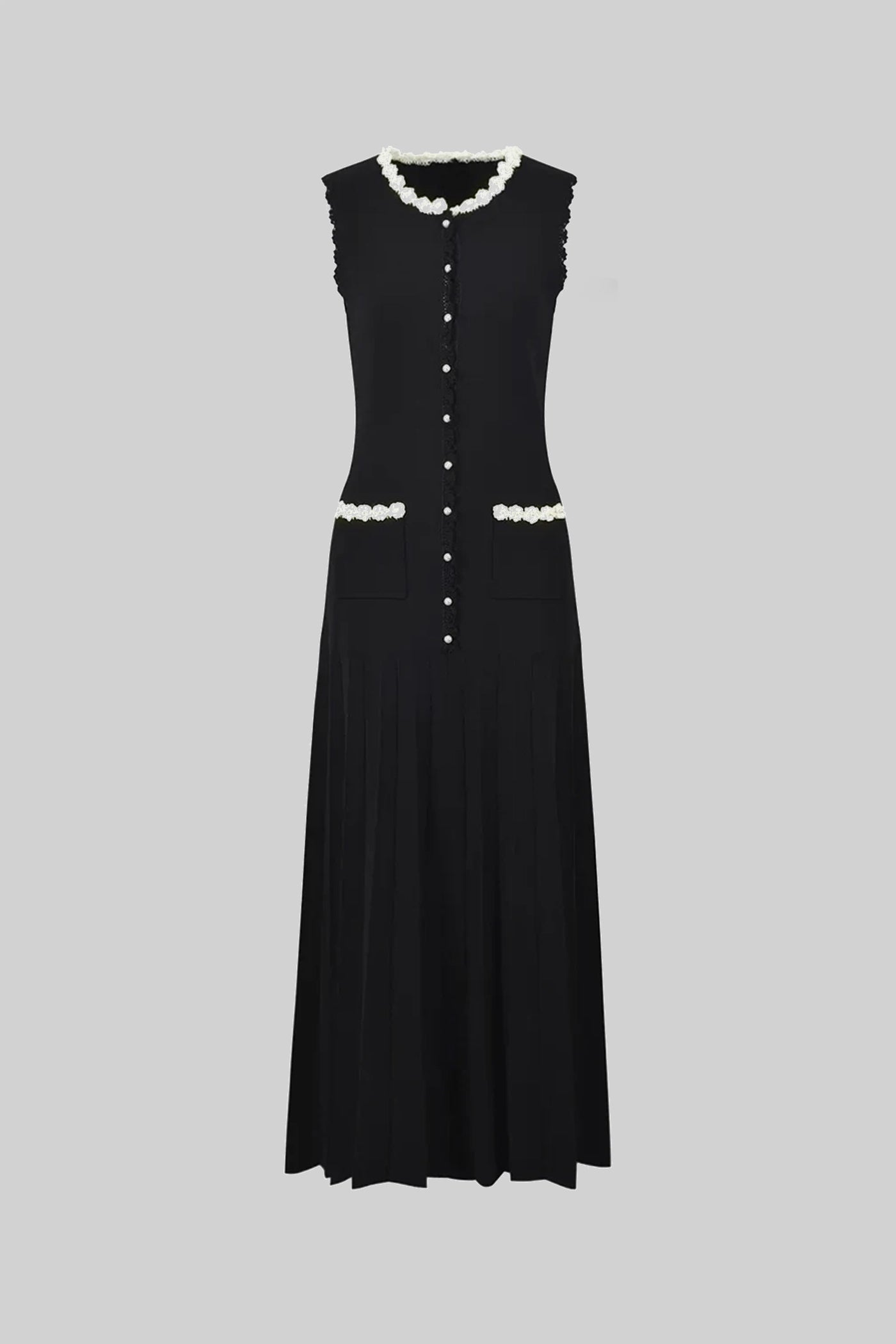 Rochie midi fără mâneci cu detalii de margine din perle - Negru