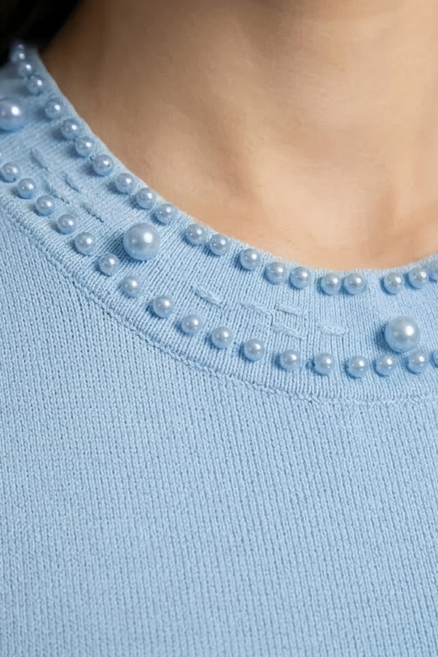Knitted Sleeveless Midi Dress With Pearl Embellishments - Blue