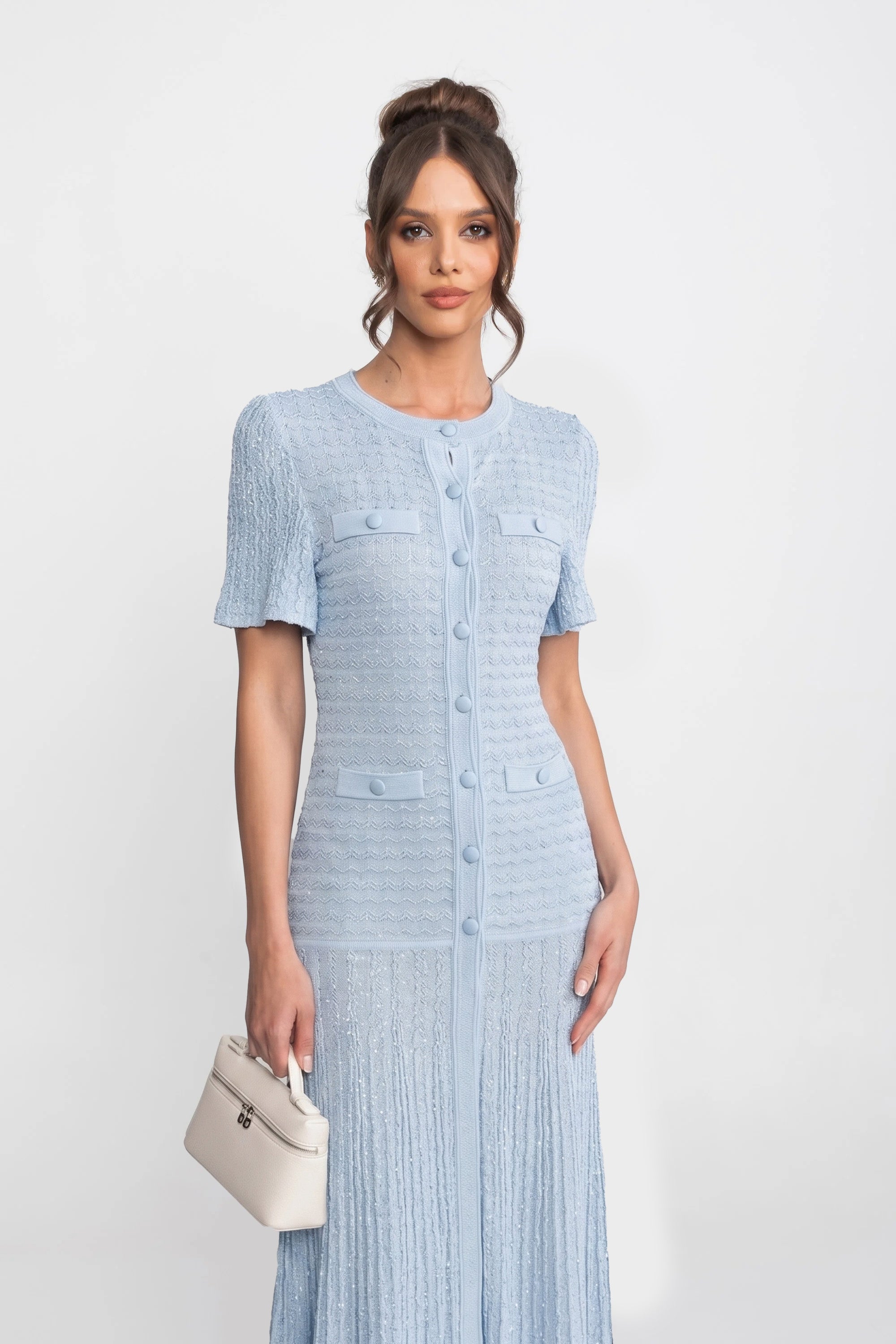 Rochie midi cu mânecă scurtă și textură tricotată strălucitoare - Light Blue