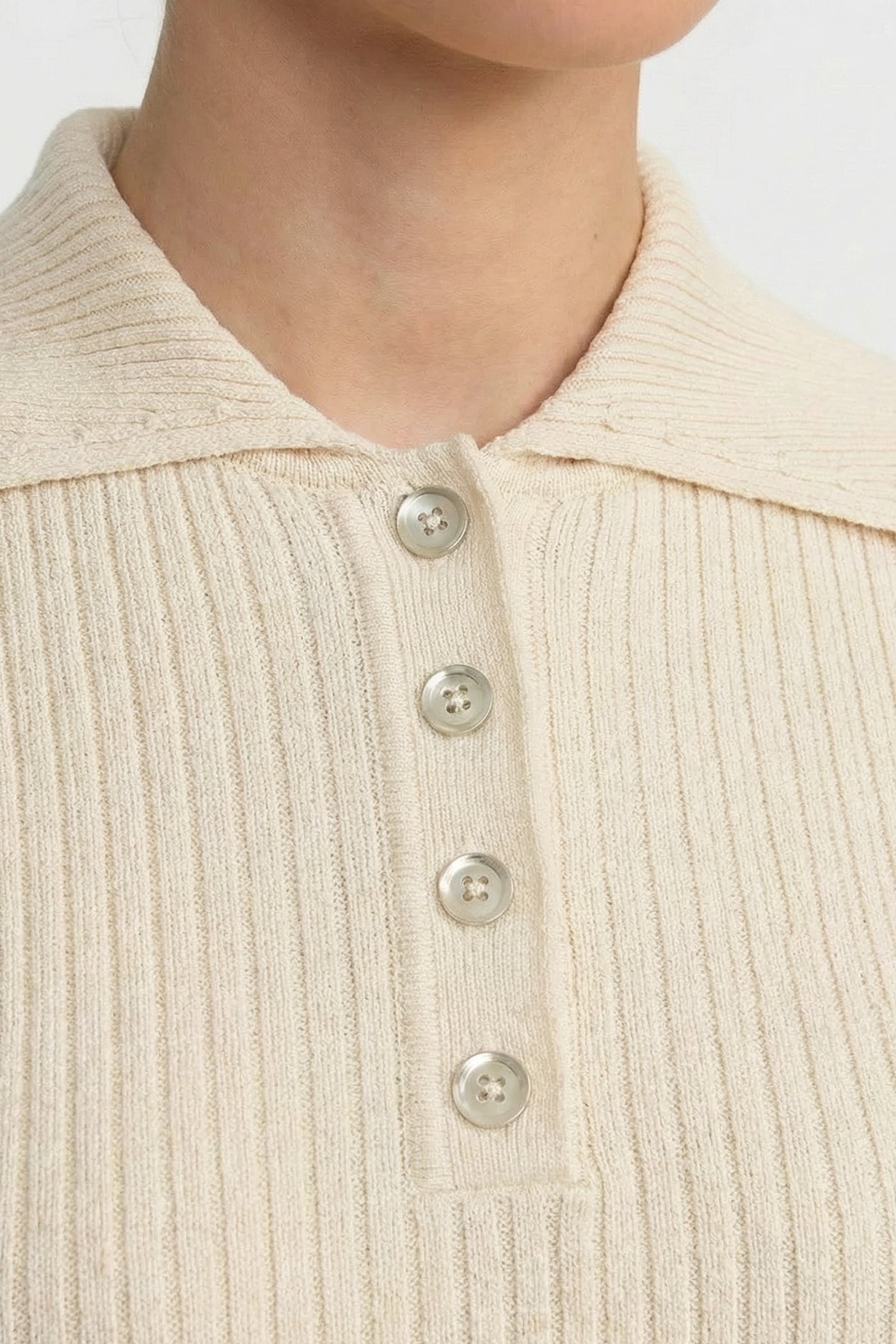 Ribbed Knit Polo Co-ord Set With Ruffled Hem - Beige