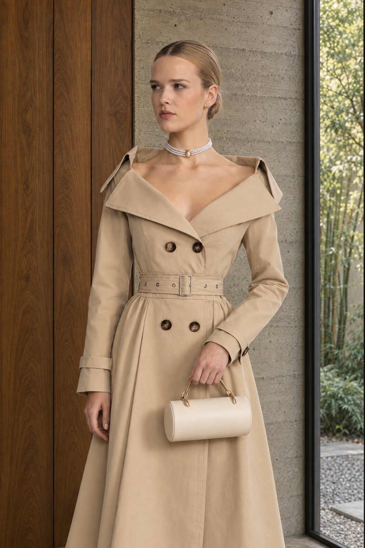 Off-Shoulder Collar Belted Trench Dress - Beige