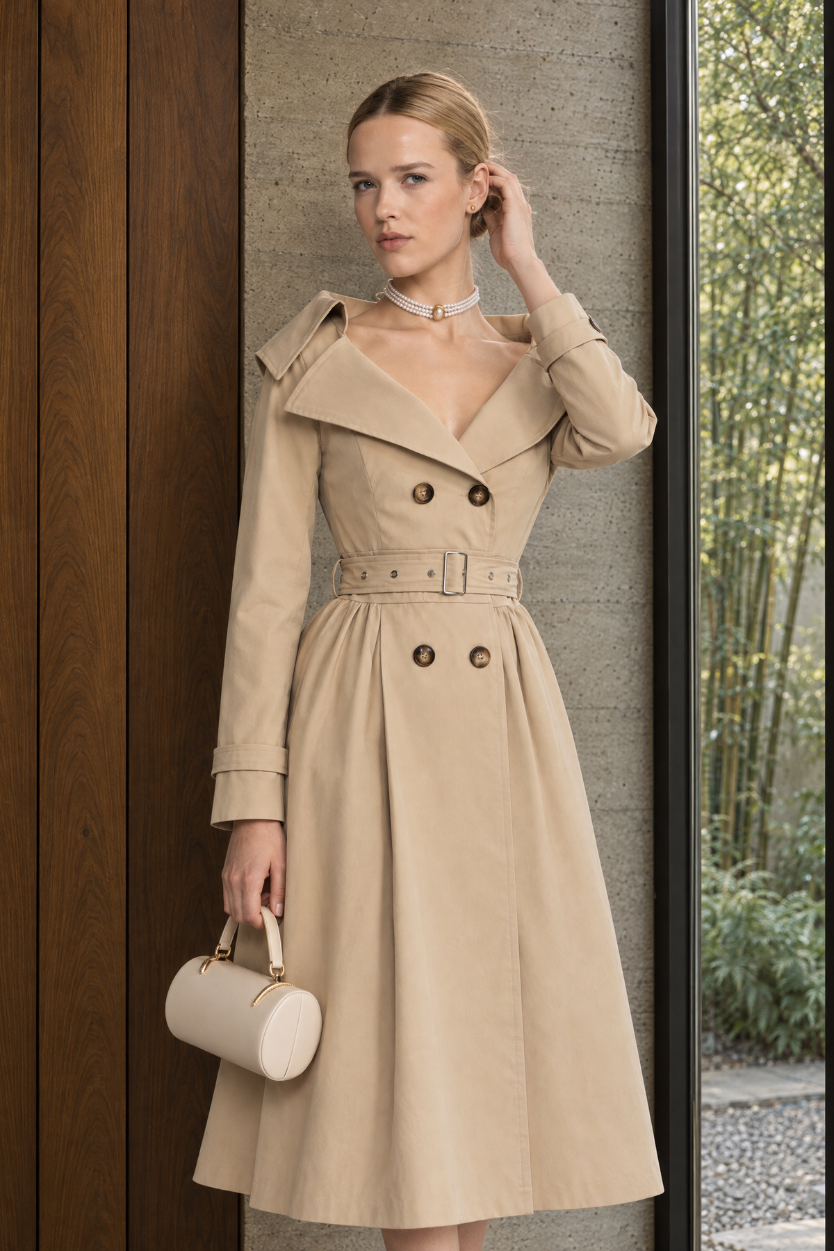Off-Shoulder Collar Belted Trench Dress - Beige