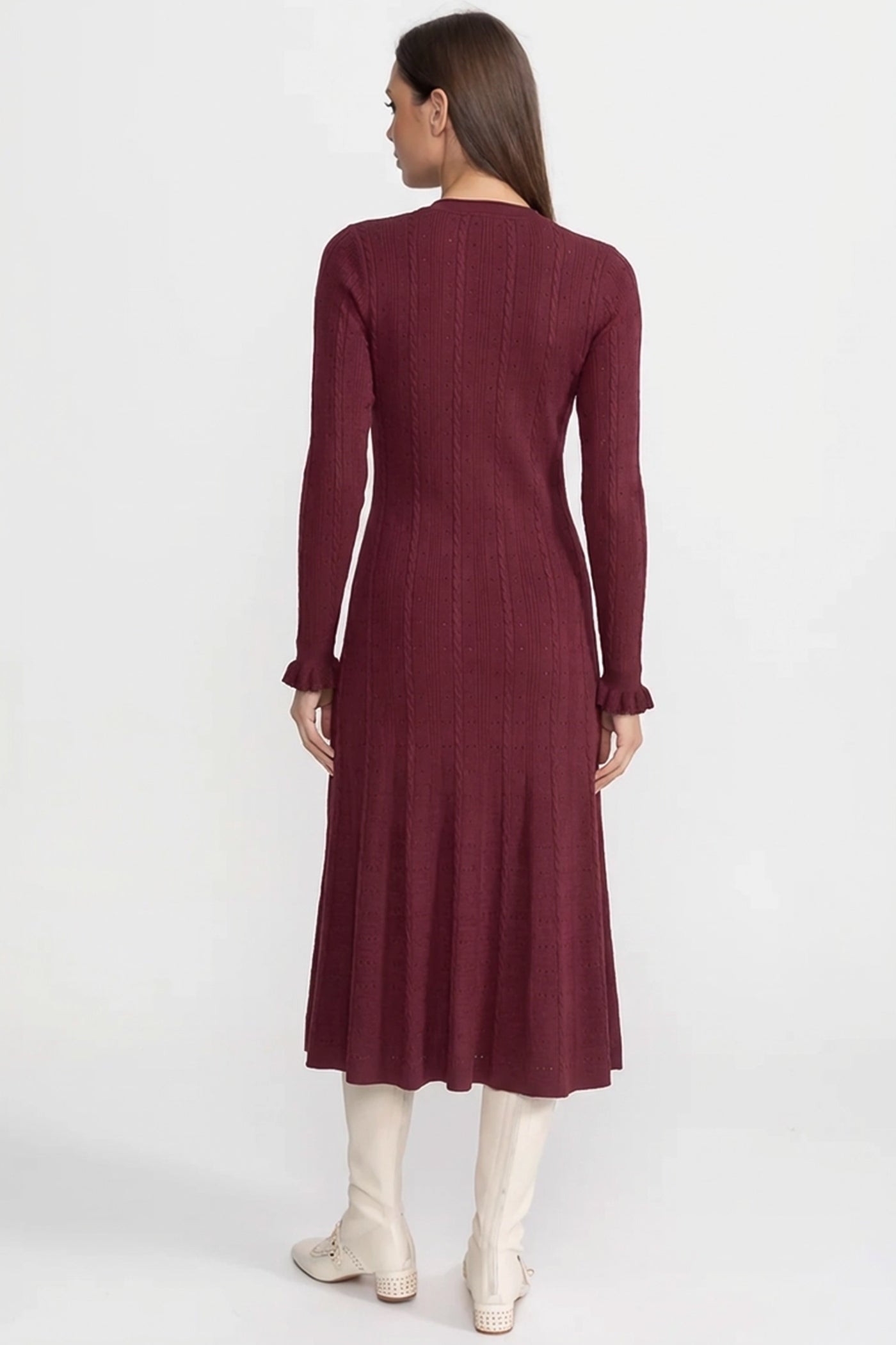 Knit Button-Front Midi Dress with Pointelle Detailing – Burgundy