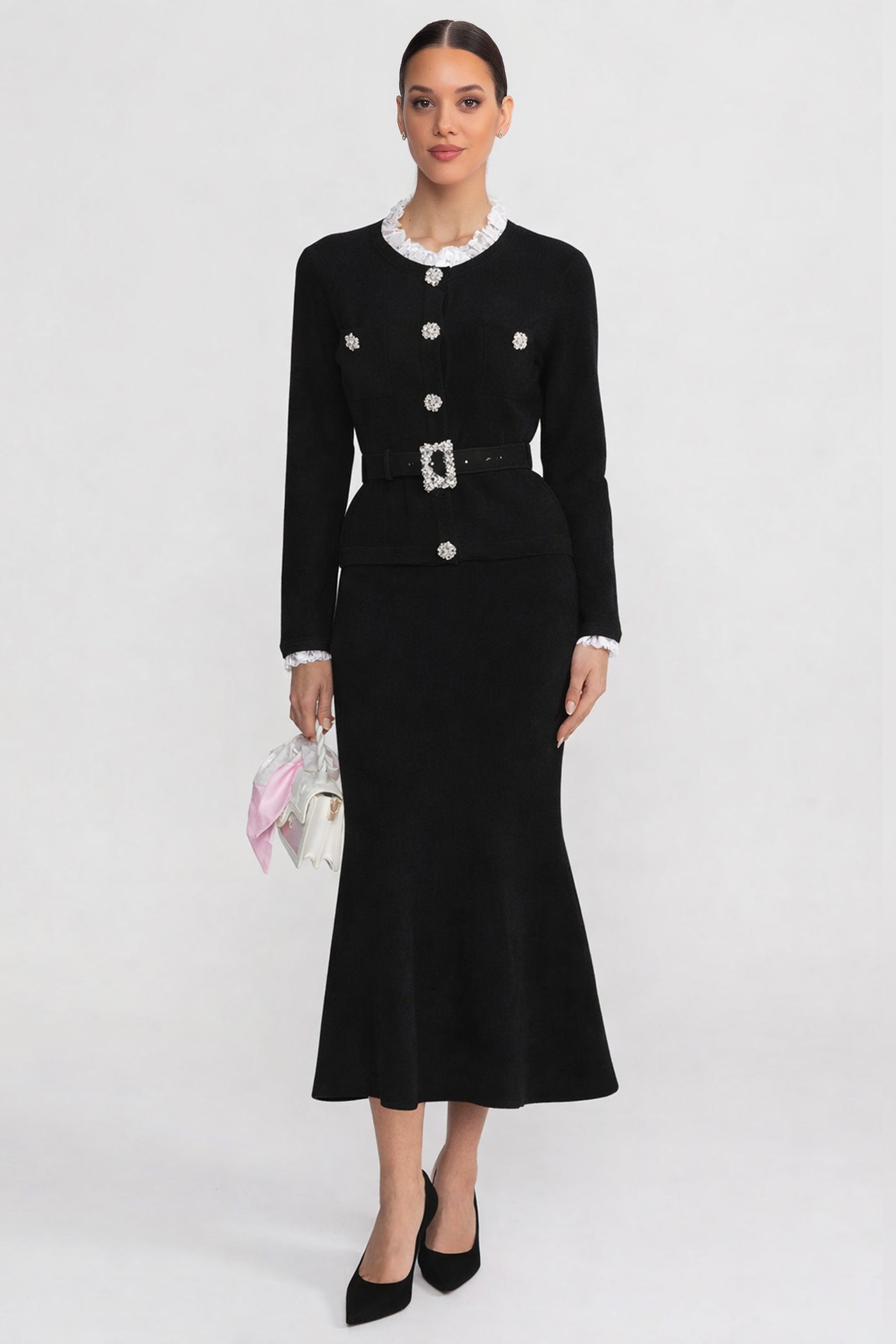 Long Sleeve Co-Ord With Fitted Knit Bodice And Crystal Button Detail - Black