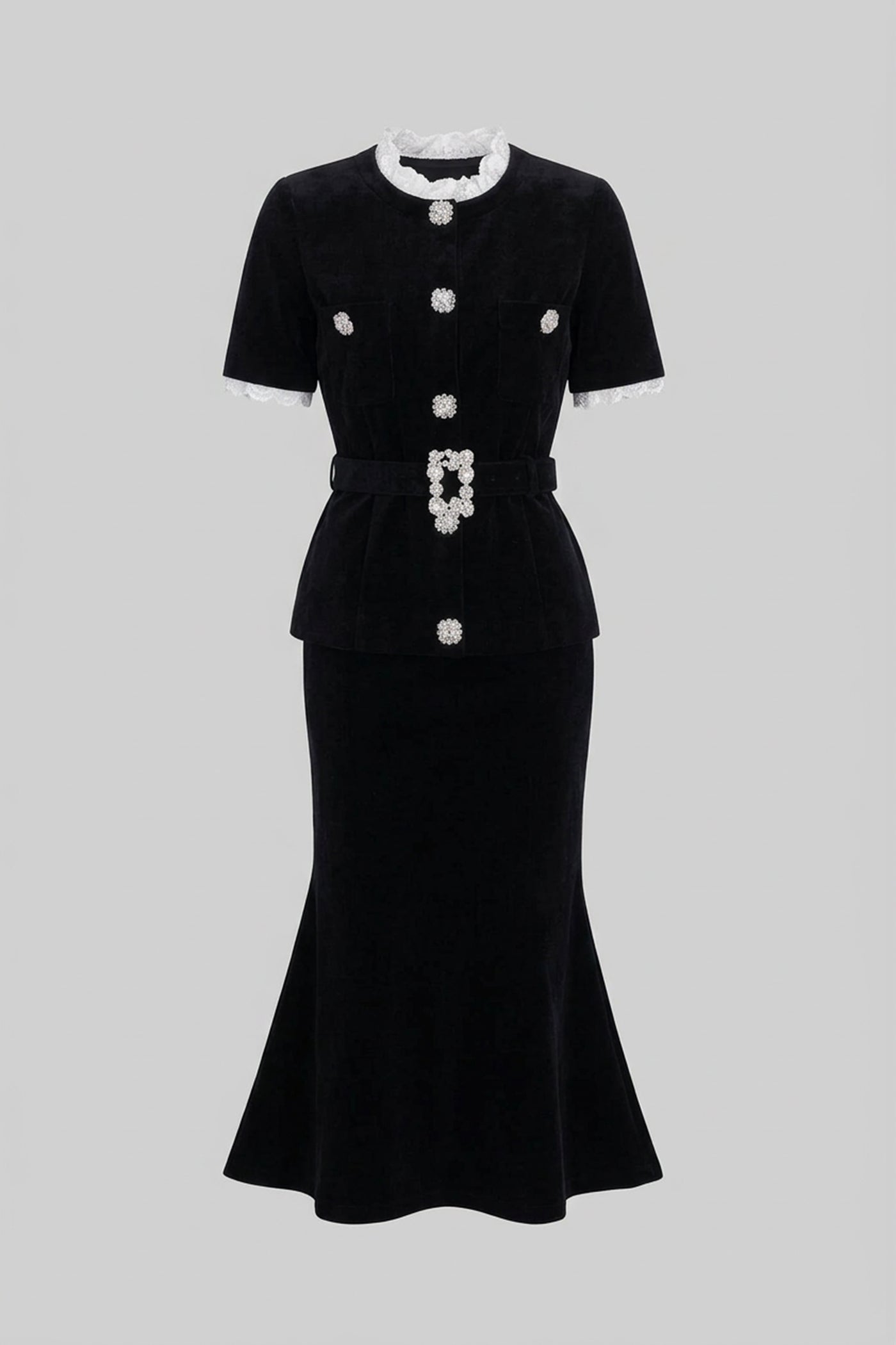 Short Sleeve Co-Ord With Peplum Waist And Crystal Button Belt - Black