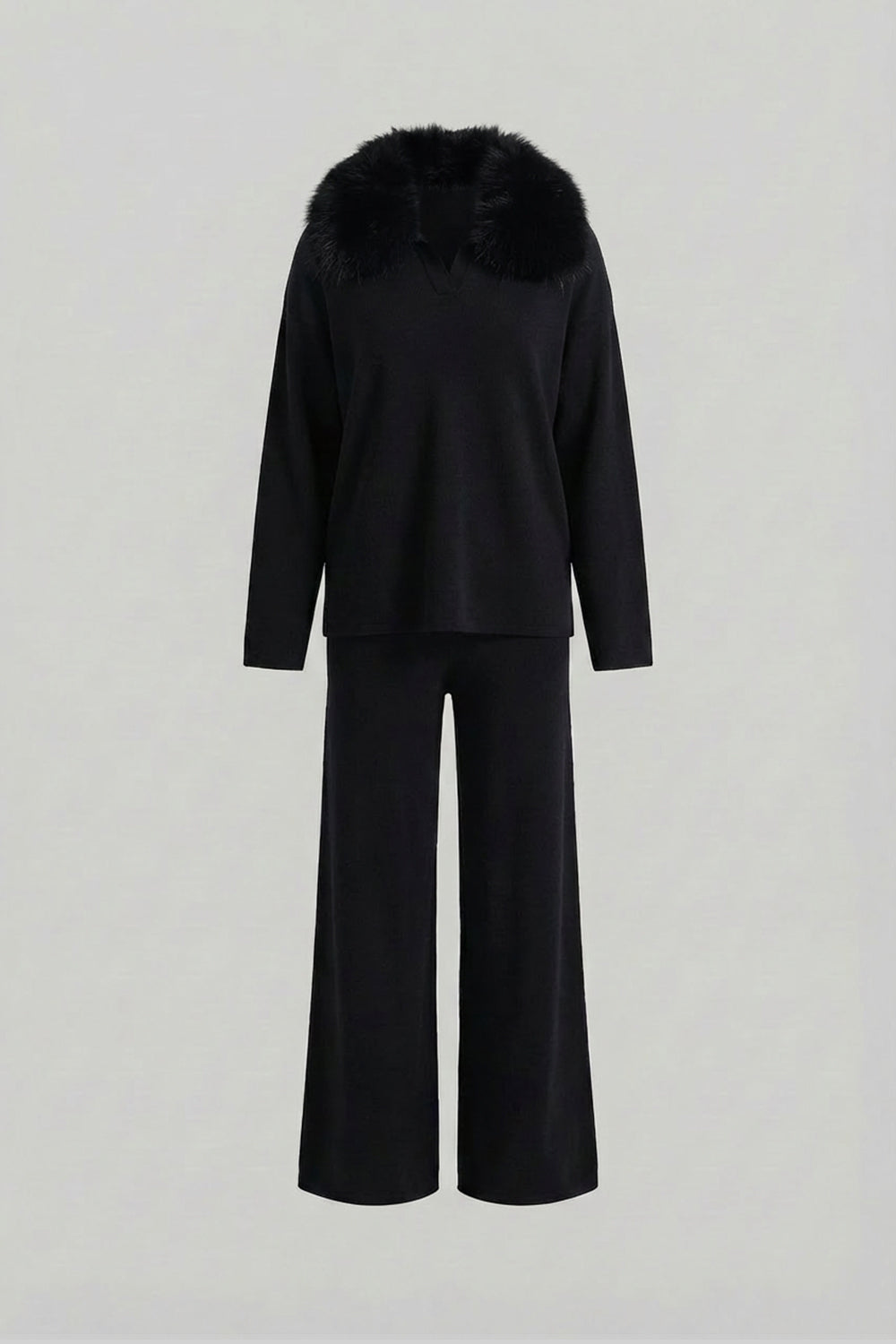 Set Co-Ord Lounge Tricotat cu Guler din Blană de Vulpe – Negru
