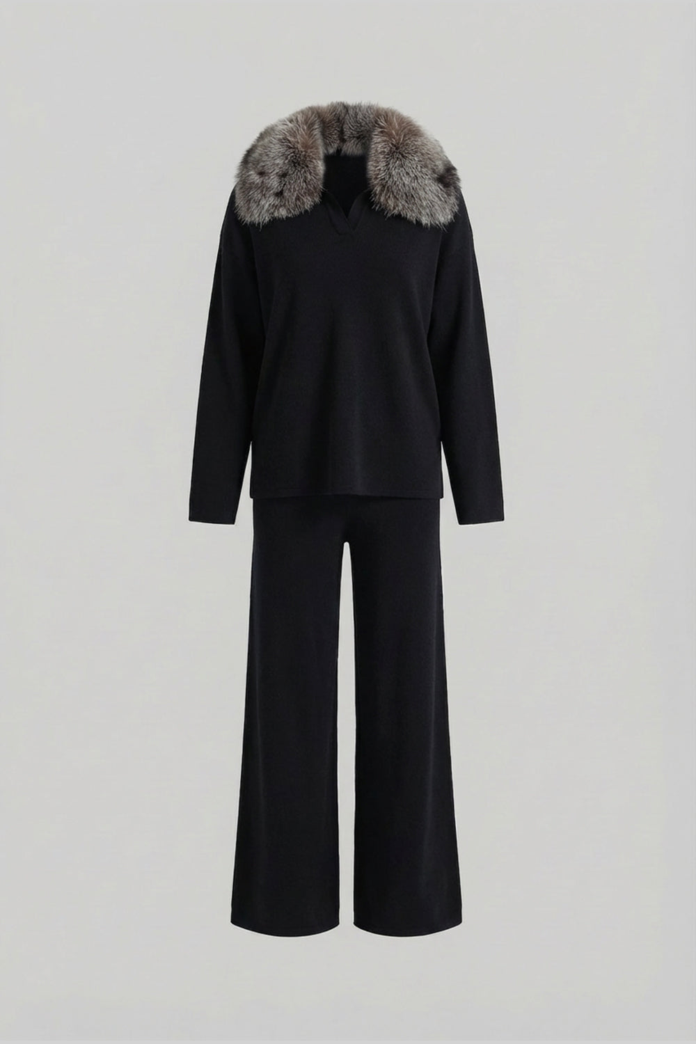 Set Lounge Tricotat cu Guler din Blană de Vulpe – Negru/Gri