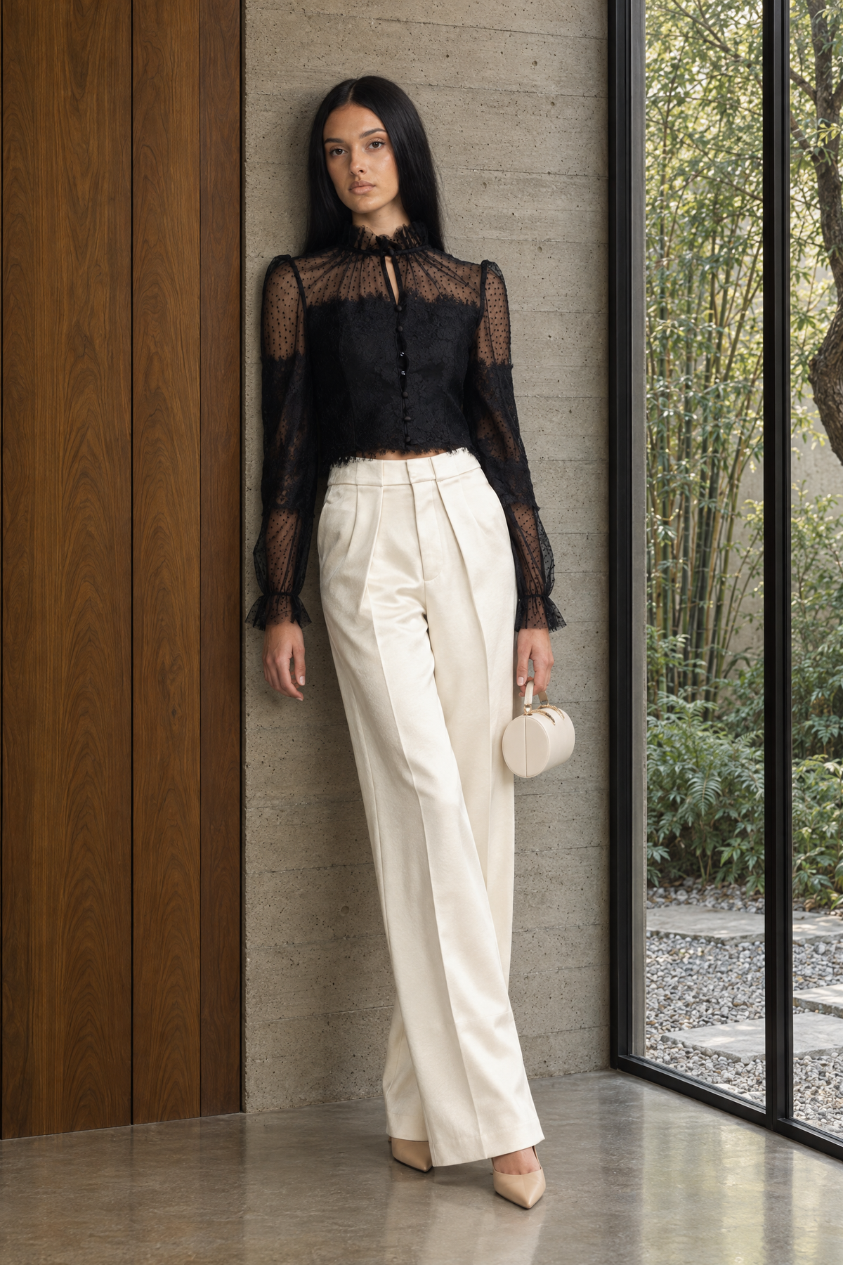 Ruffle Neck Lace and Dot Mesh Cropped Blouse - Black