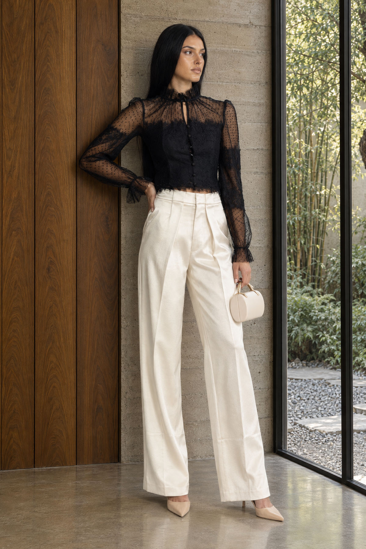 Ruffle Neck Lace and Dot Mesh Cropped Blouse - Black