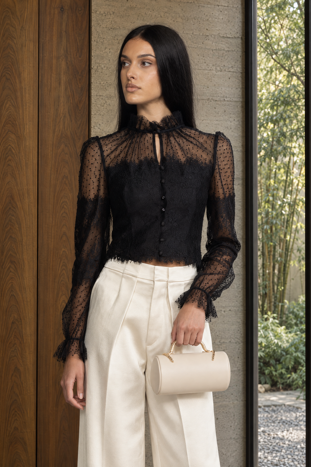 Ruffle Neck Lace and Dot Mesh Cropped Blouse - Black