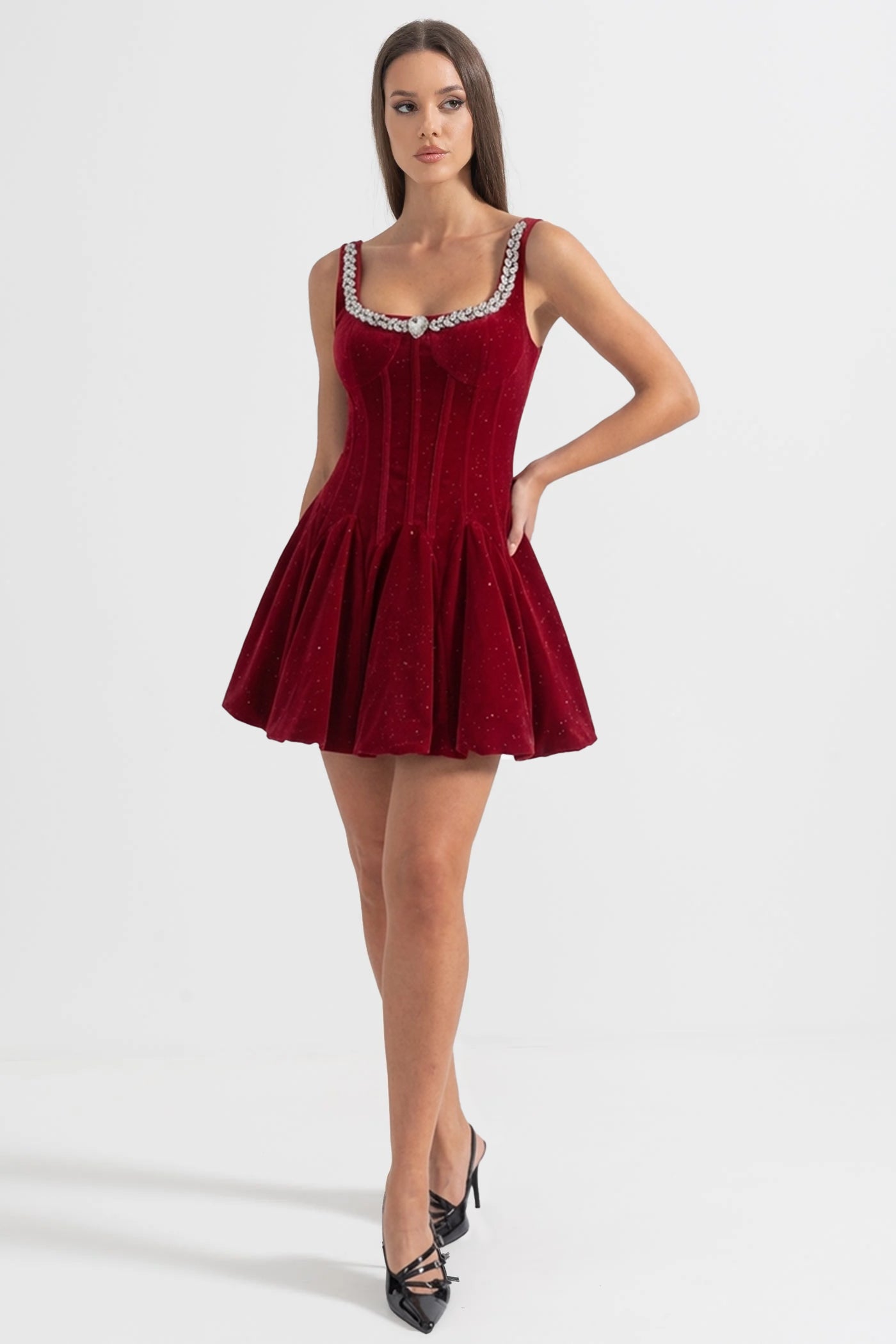 Rochie Mini Corset din Catifea cu Guler Împodobit cu Cristale – Burgundy
