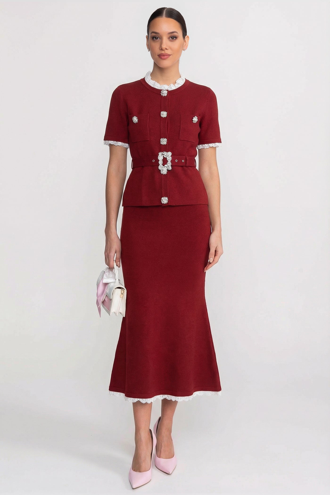 Set cu mânecă scurtă, talie peplum și curea cu nasturi de cristal - Burgundy