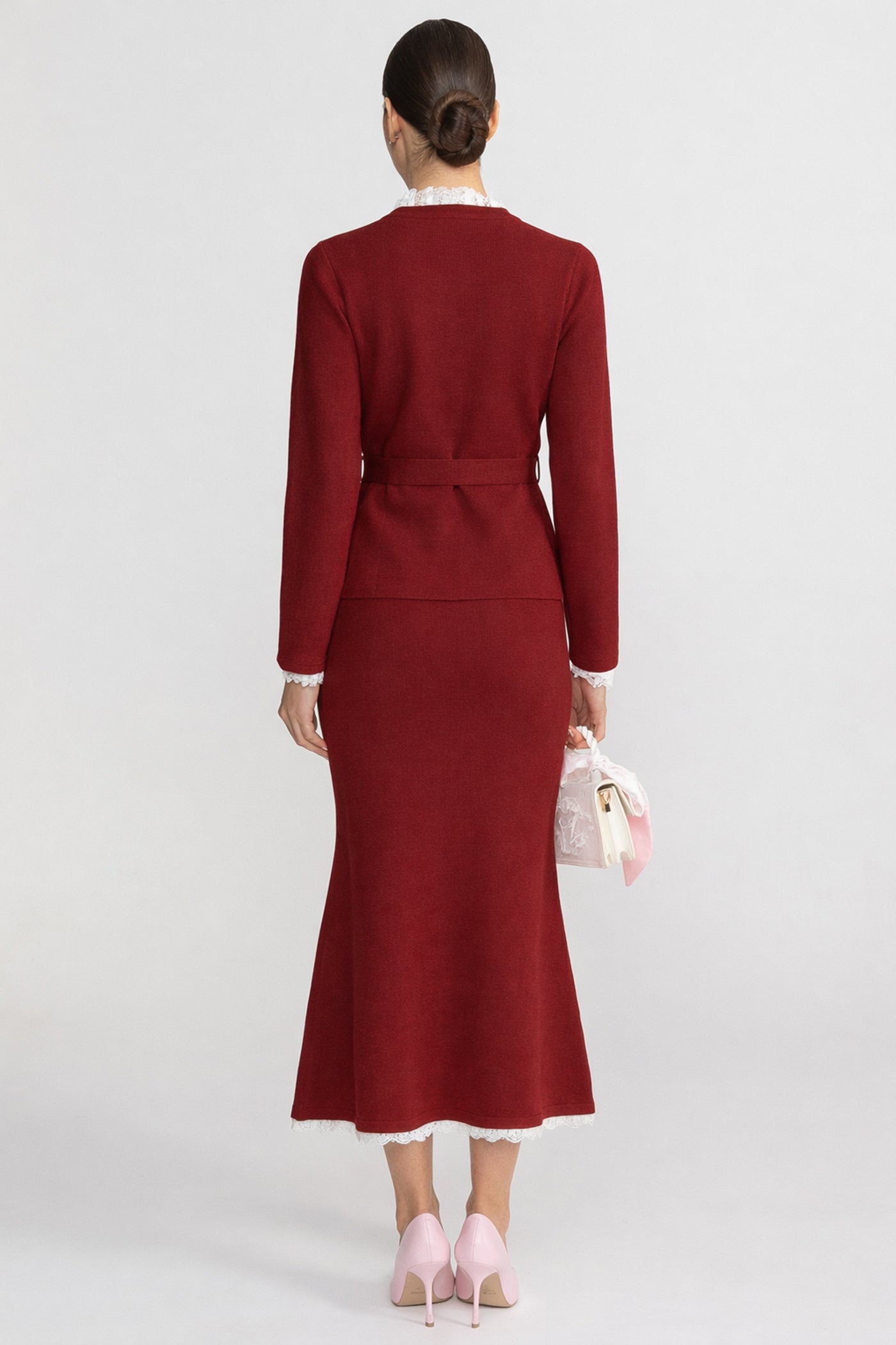 Long Sleeve Co-Ord With Fitted Knit Bodice And Crystal Button Detail - Burgundy