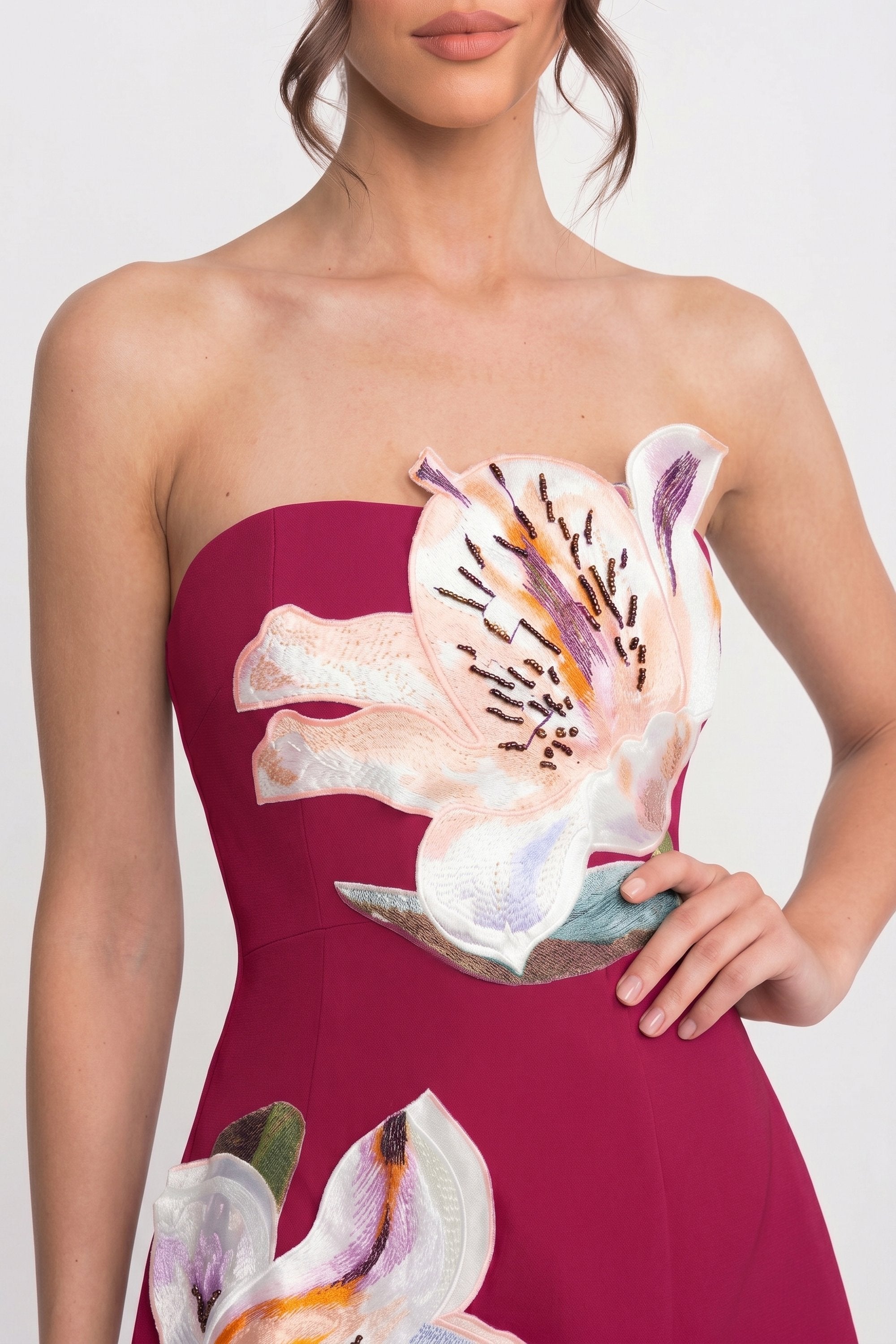 Rochie mini cu imprimeu floral, fără bretele, cu corset structurat - roșu