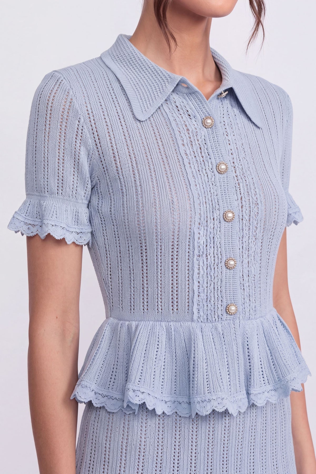 Set cu top cu guler polo și nasturi și mini fustă - Albastru