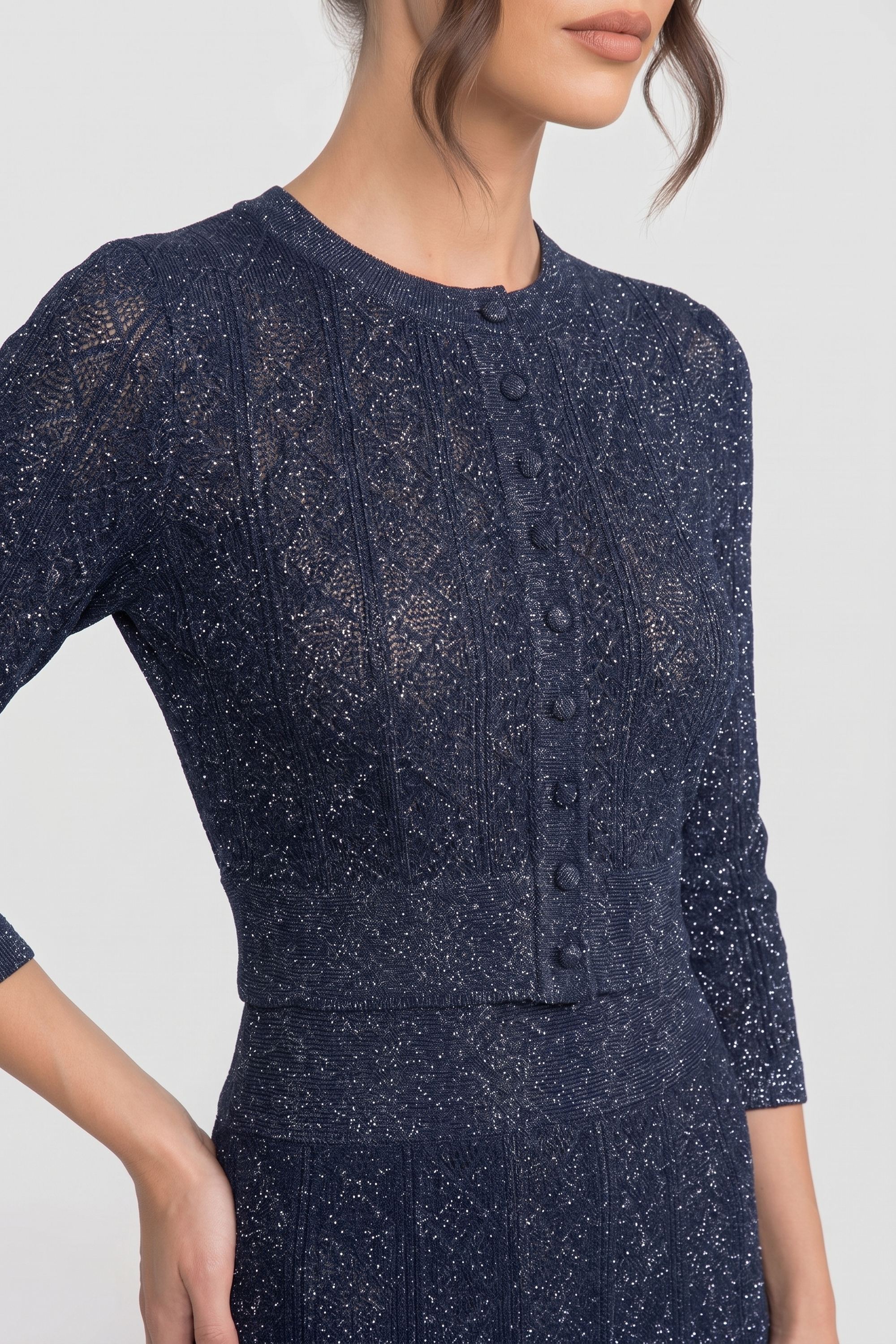 Set Co-Ord din dantelă cu model diamant și mânecă lungă, cu fustă maxi - Navy