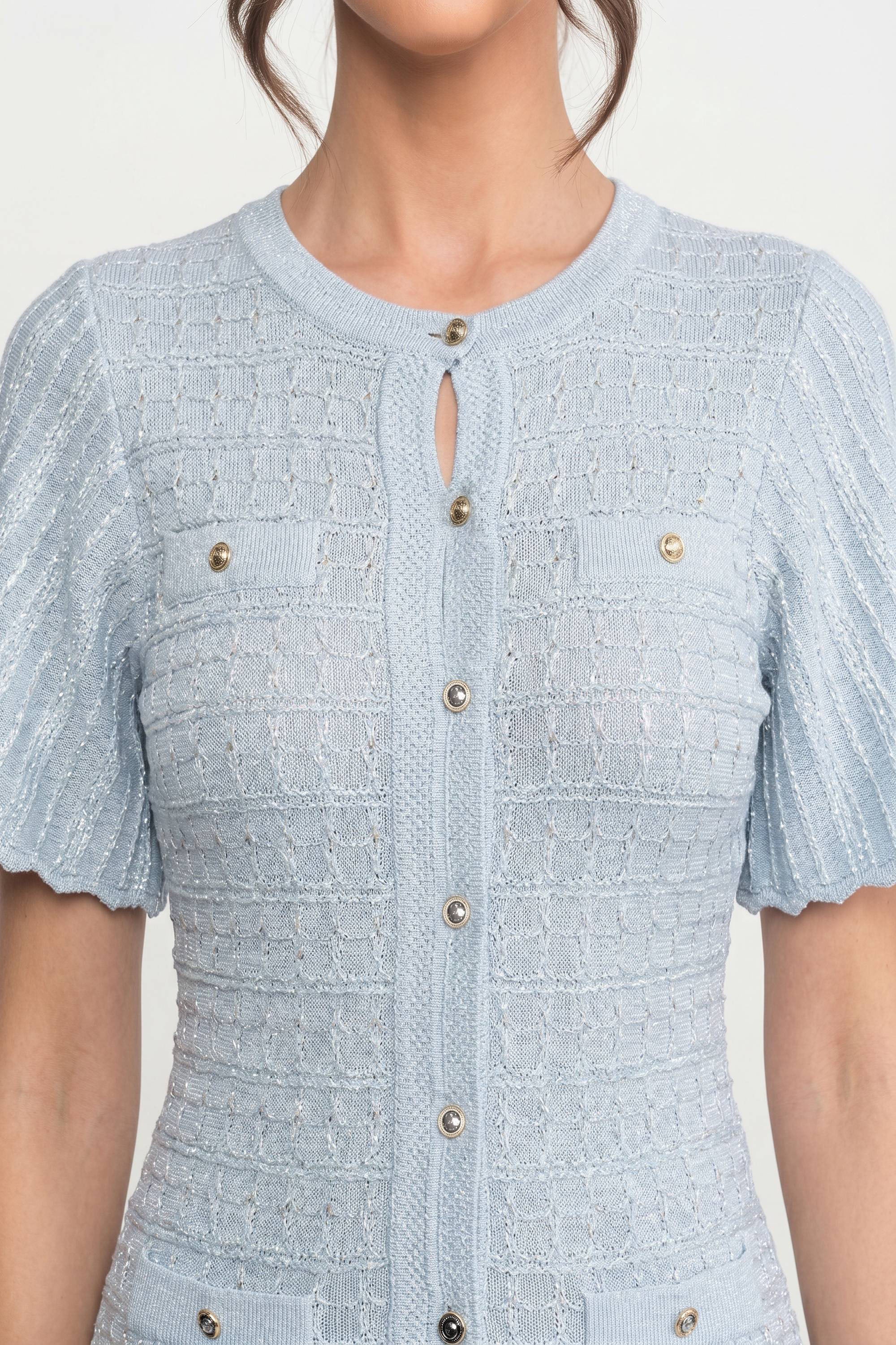 Rochie midi cu mânecă scurtă și textură tricotată strălucitoare - Light Blue