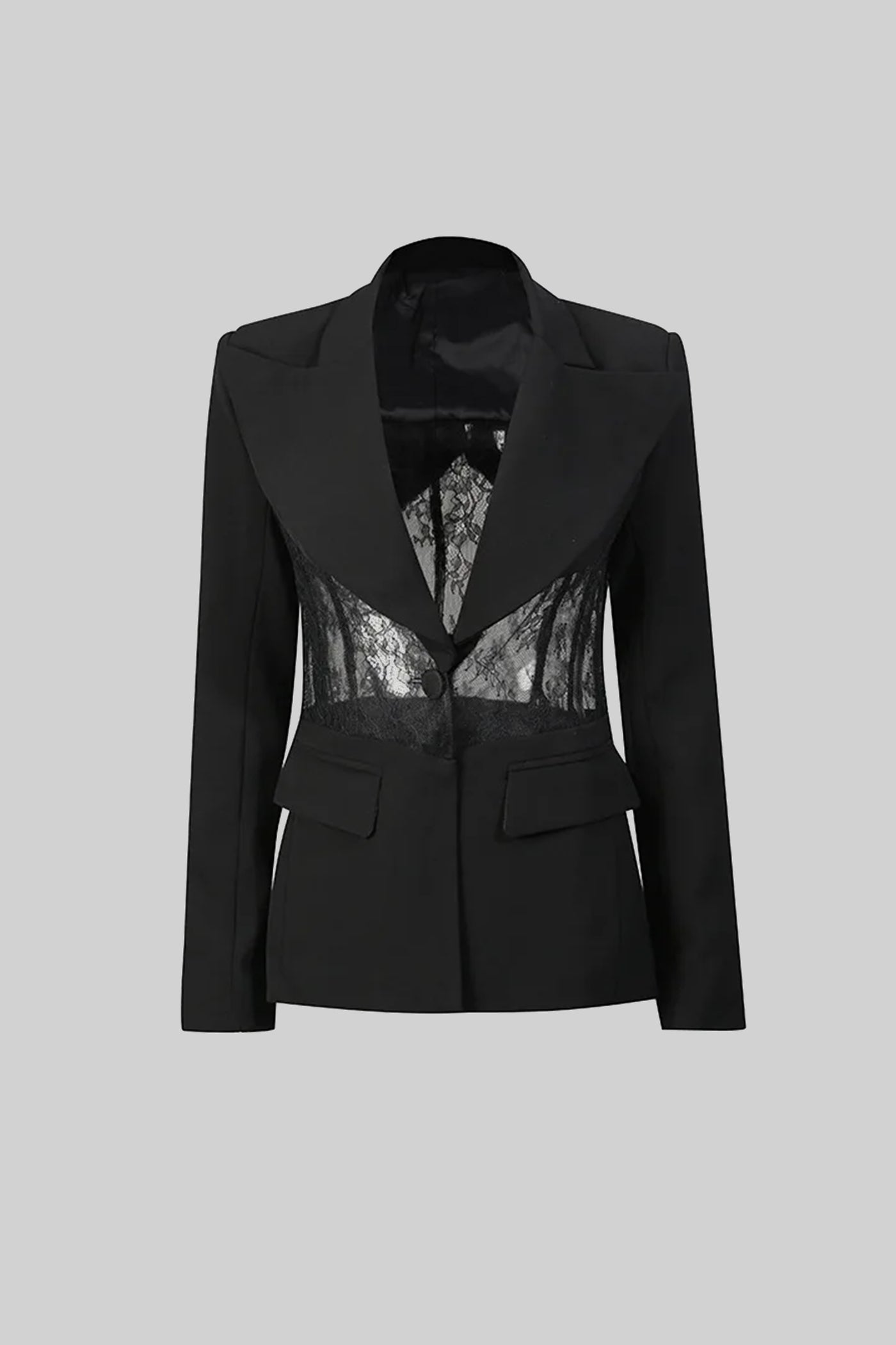 Tailored Long Sleeve Blazer With Sheer Lace Waist Panels - Black