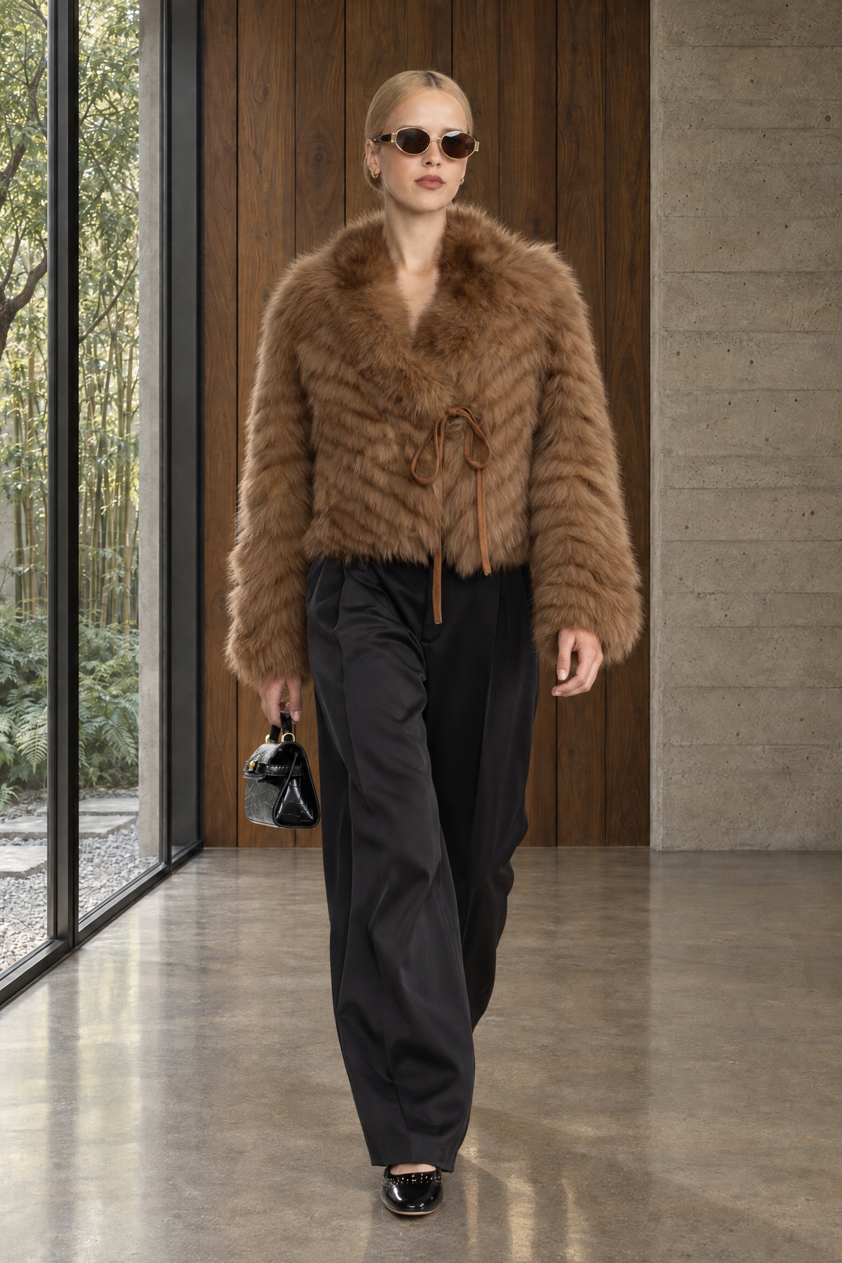 Chevron Fox Fur Cropped Tie Jacket - Camel