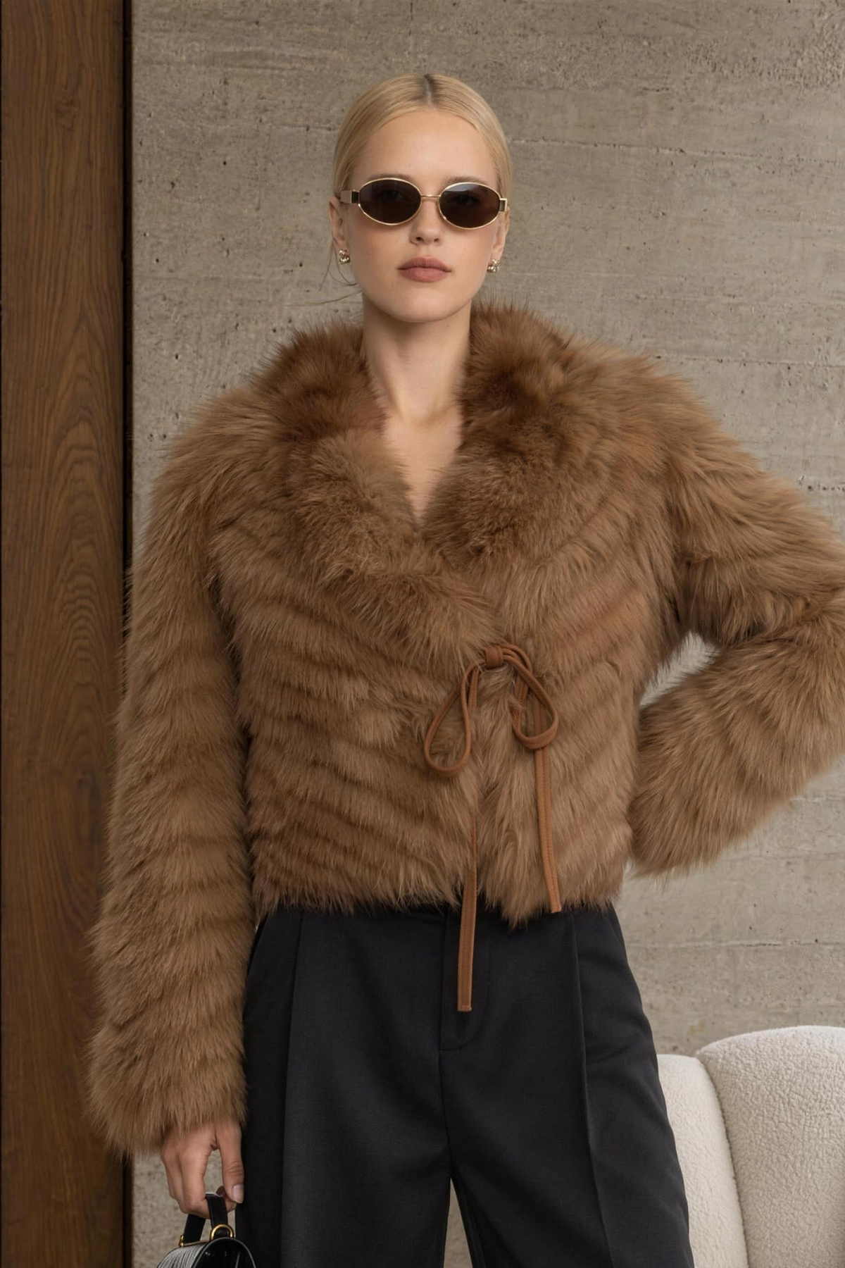 Chevron Fox Fur Cropped Tie Jacket - Camel