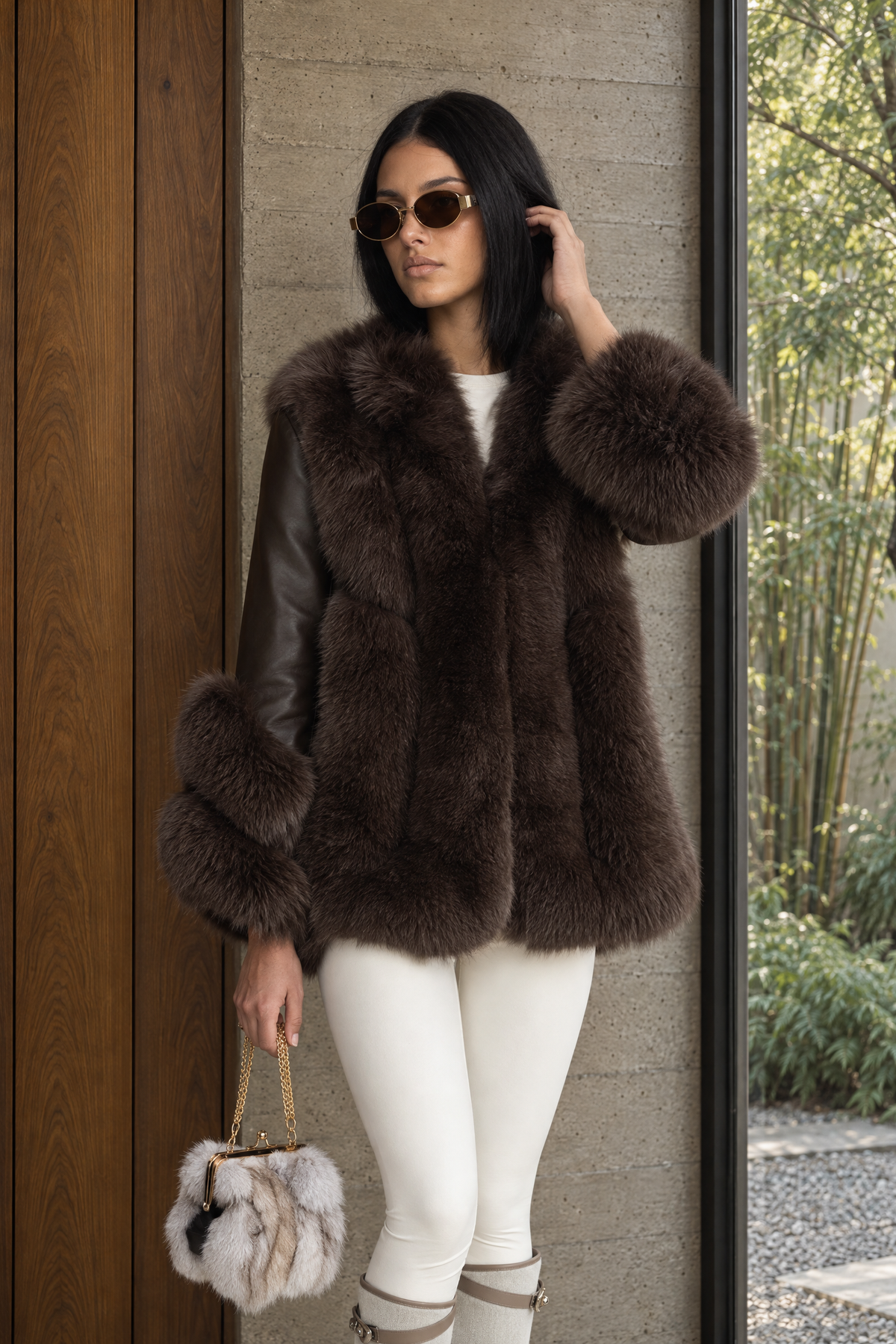 Jachetă shearling cu panou din blană de vulpe - Chocolate