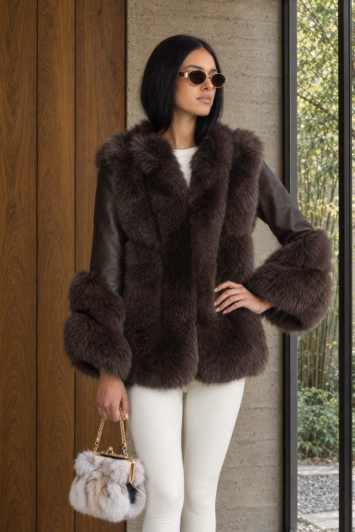 Jachetă shearling cu panou din blană de vulpe - Chocolate
