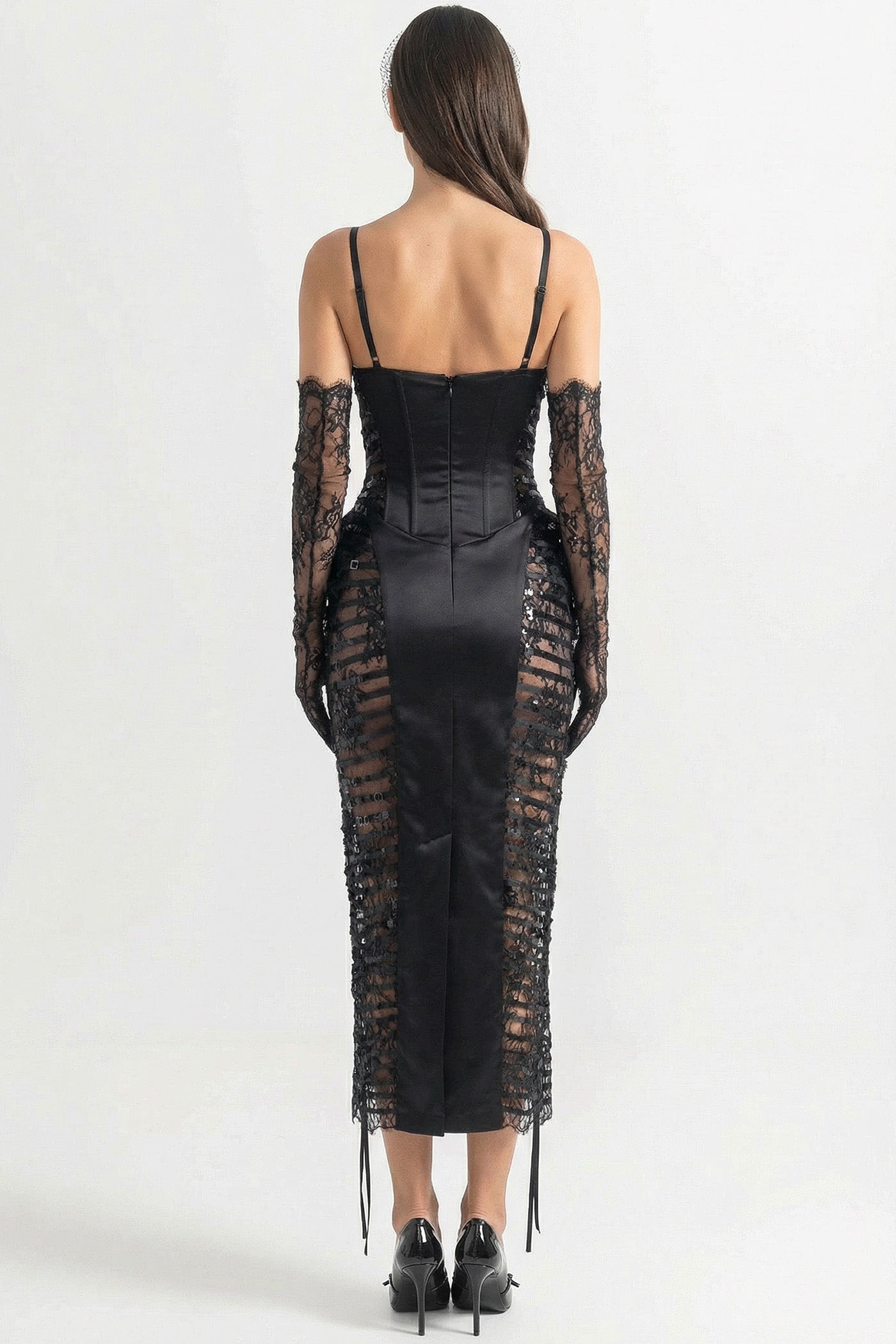 Rochie midi cu margini din dantelă și panouri laterale transparente cu paiete - Negru