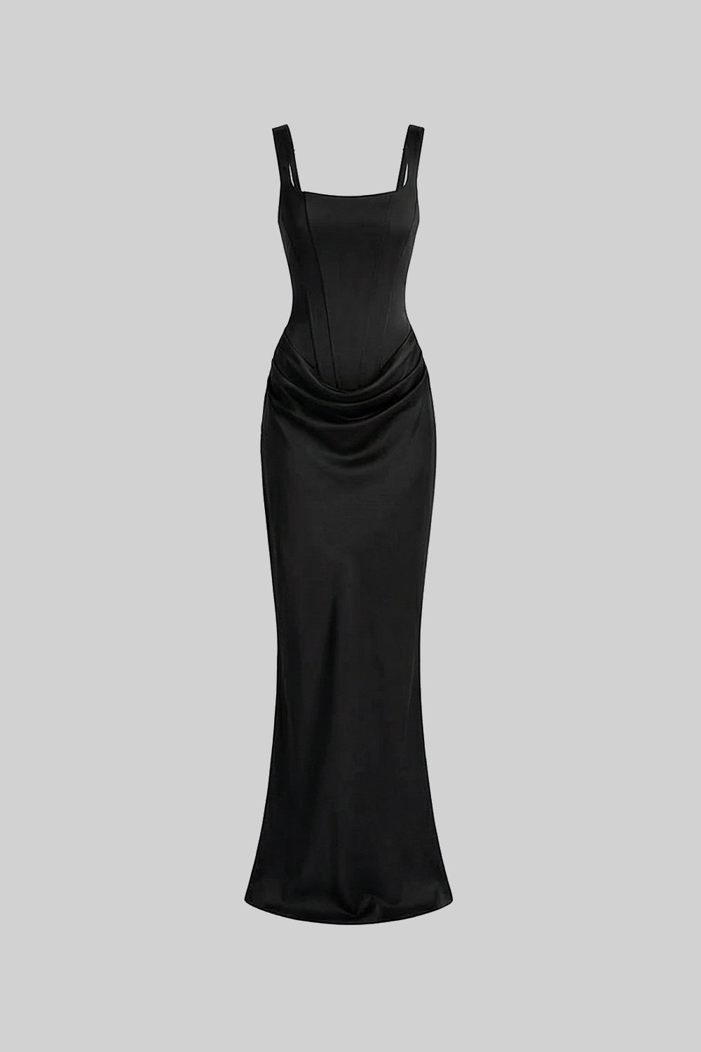 Rochie Maxi Corset cu Detaliu Drapat pe Șold – Negru