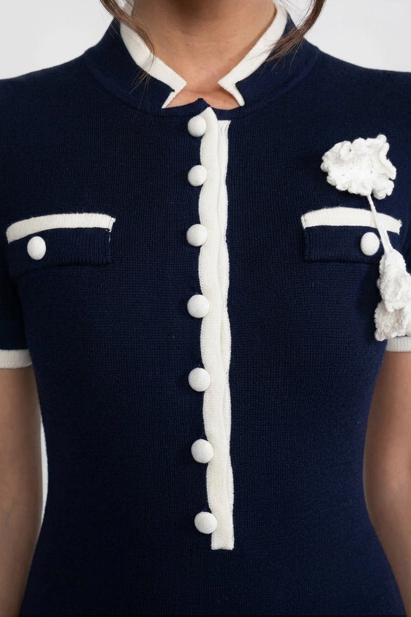 Rochie midi din tricot ribat, cu bordură contrastantă și buzunare decorative - Navy