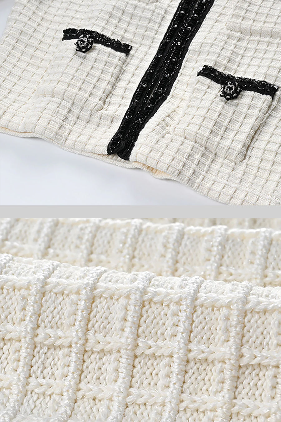 Set Tweed Co-Ord cu Detalii Negre - Ivoire