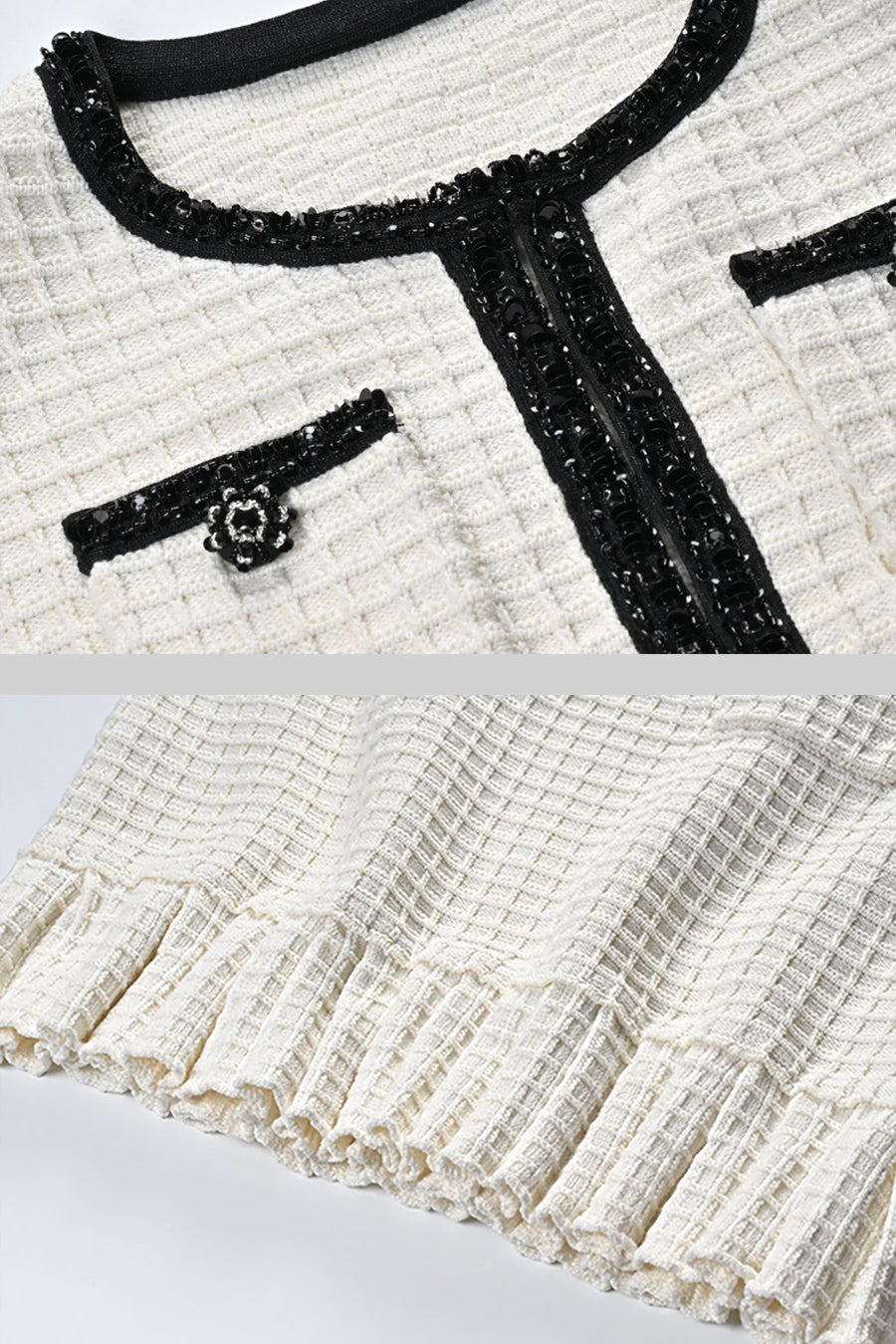 Set Tweed Co-Ord cu Detalii Negre - Ivoire