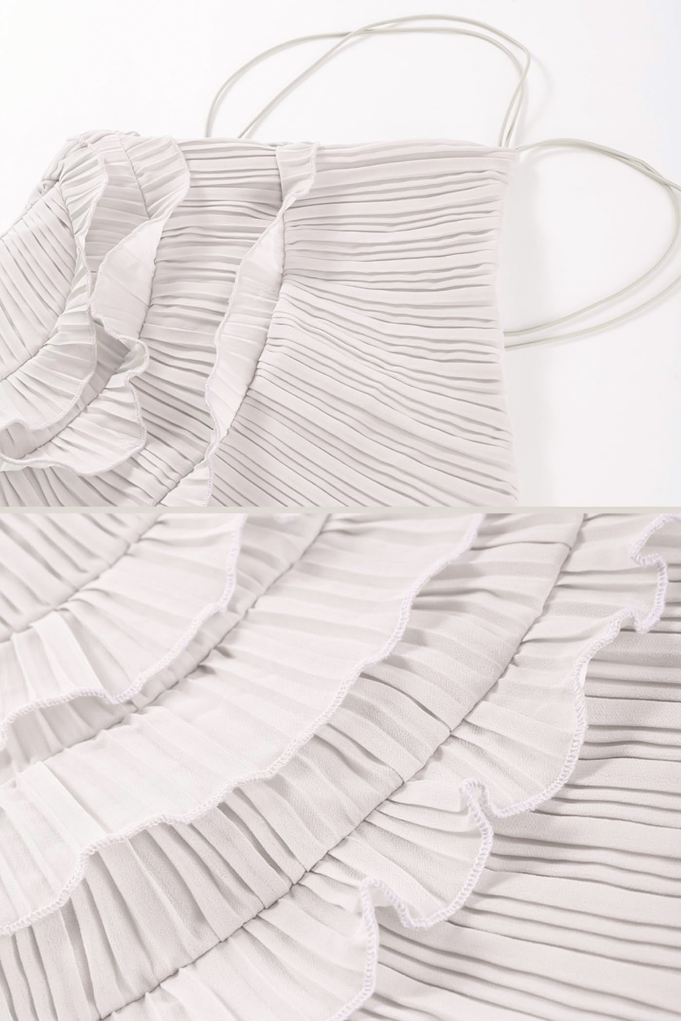 Rochie midi plisată cu guler halter și detalii cu volane în cascadă - Alb