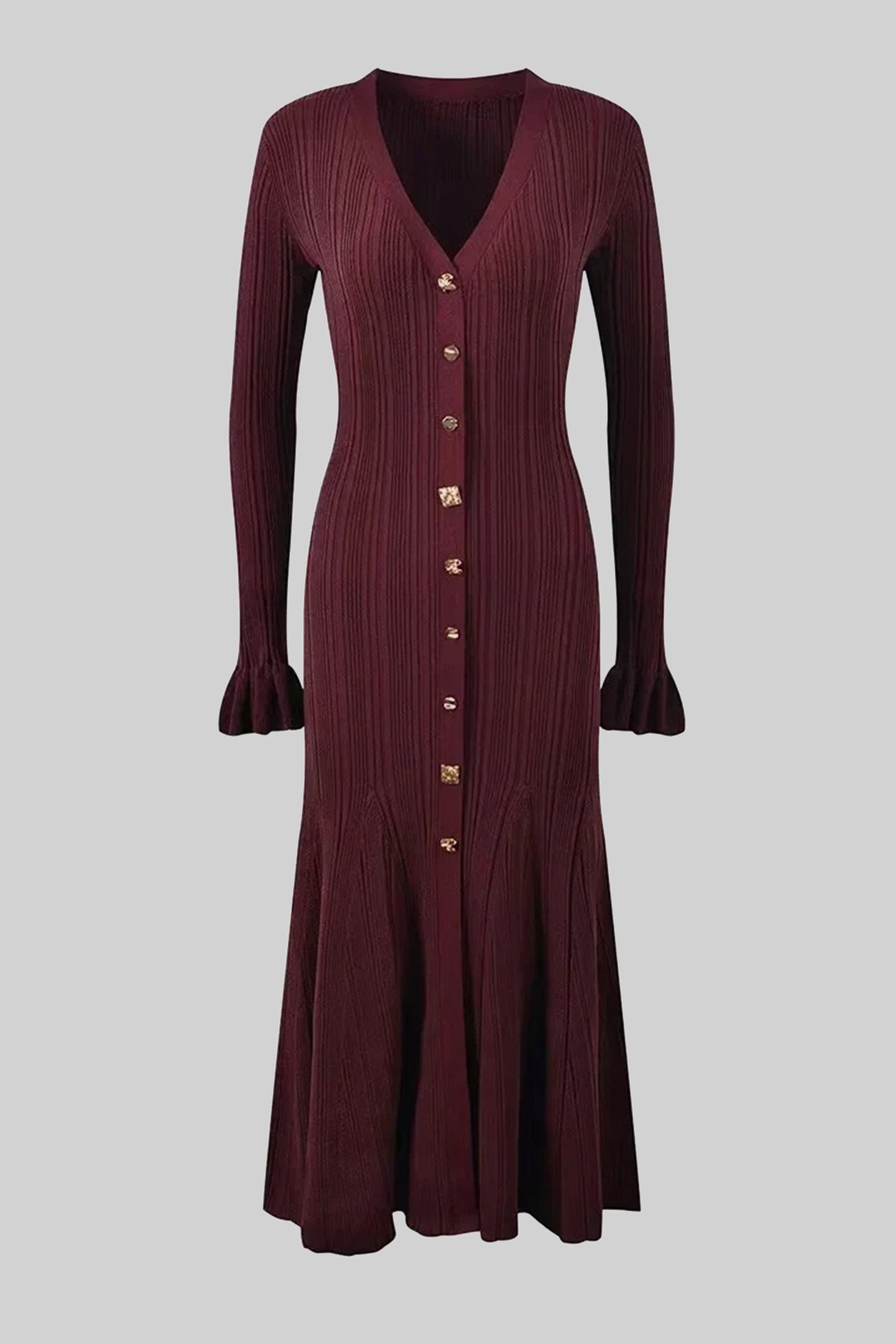 Rochie maxi tricotată rib cu decolteu în V și nasturi în față, cu manșete cu volane - Burgundy