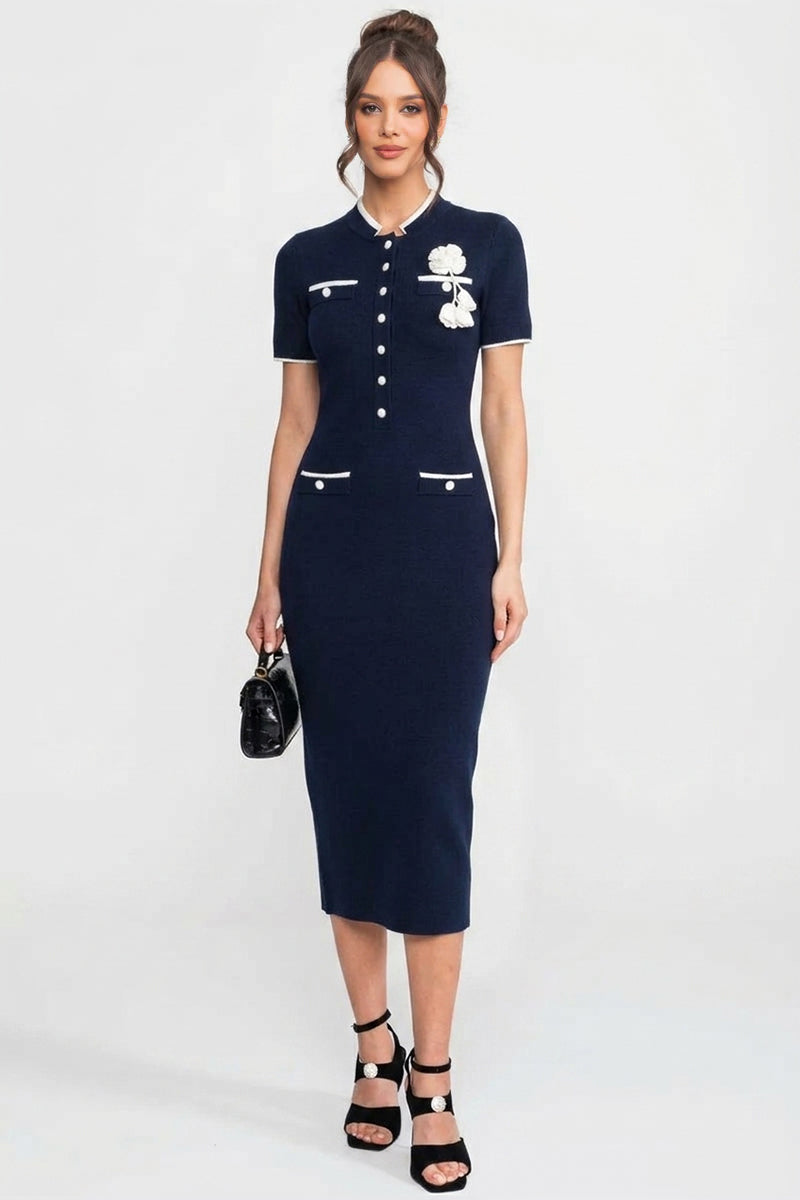 Rochie midi din tricot ribat, cu bordură contrastantă și buzunare decorative - Navy