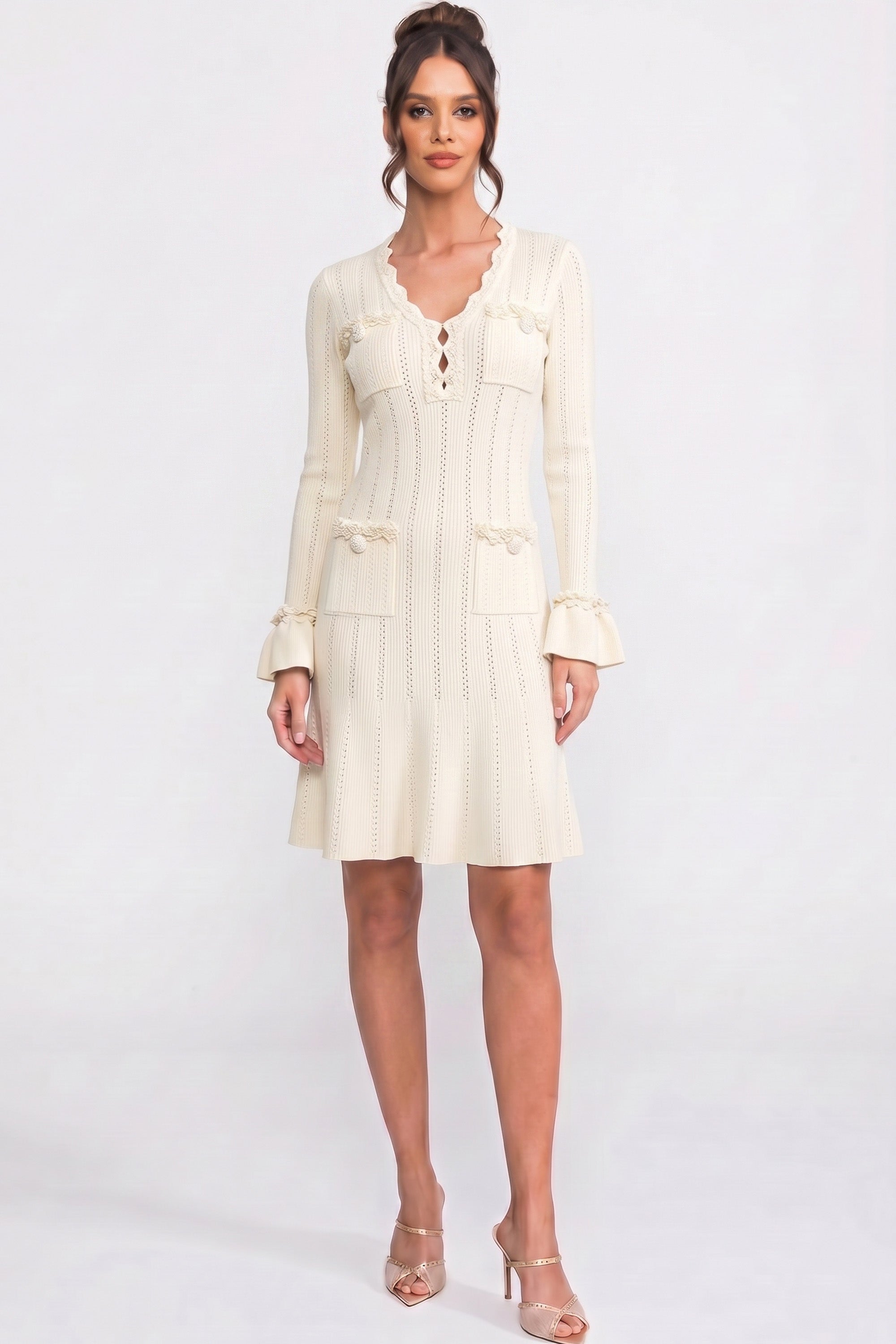 Long-Sleeve V-Neck Knit Mini Dress With Ruffle Hem And Bow Cuffs - Ivoire