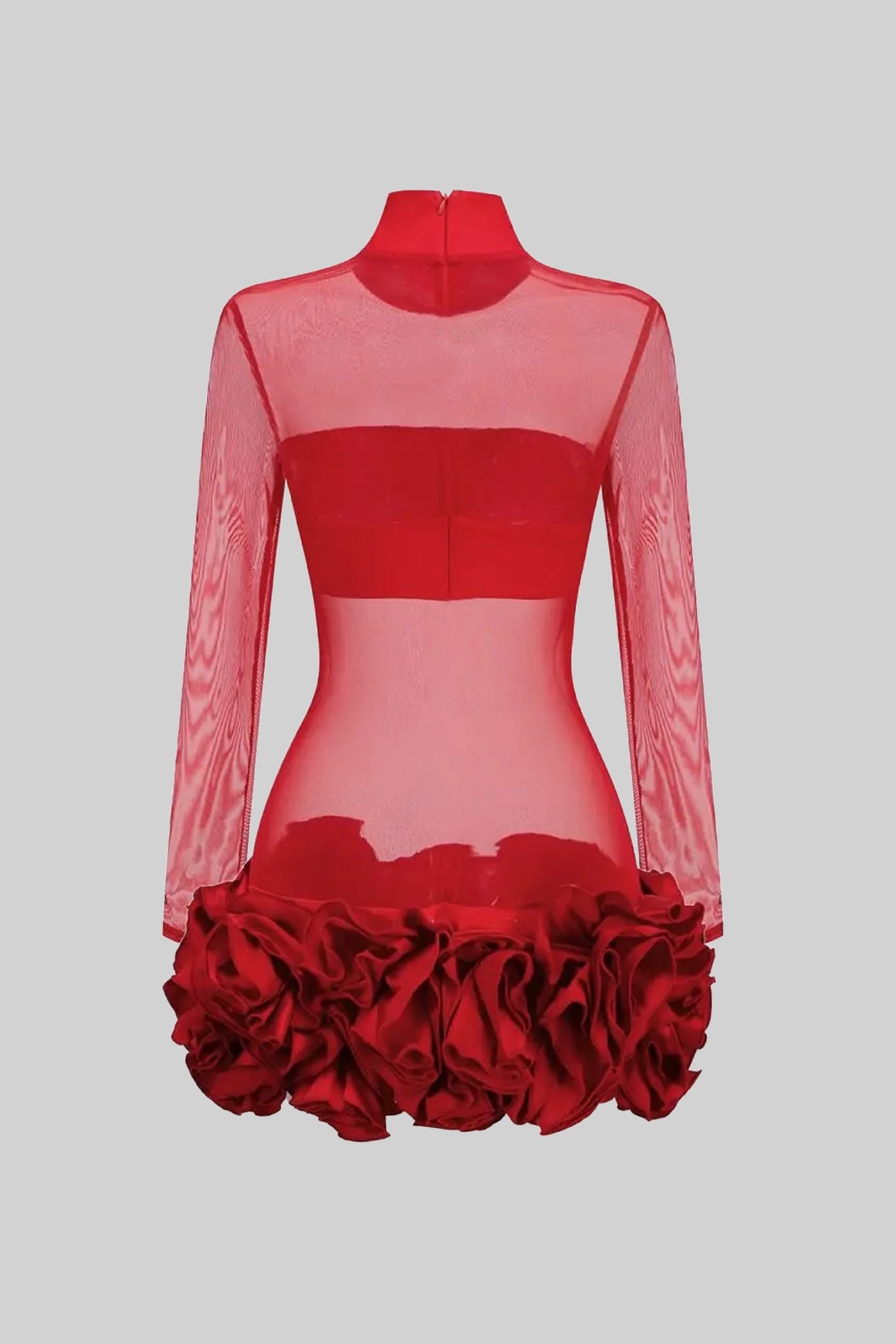 Rochie Mini Florală Transparentă cu Volănașe 3D la Poale – Roșu