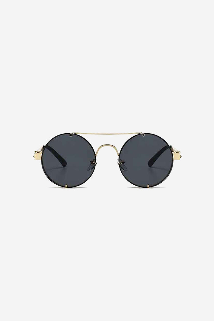 Rimless Round Sunglasses with Double Bridge and Temple Springs – Black/Gold