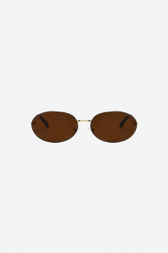 Slim Oval Sunglasses with Polished Metal Frame and Adjustable Nose Pads – Brown