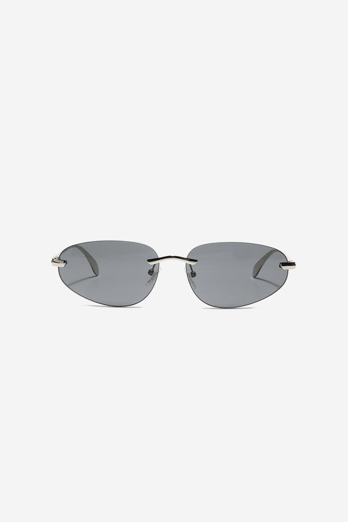 Minimalist Rimless Sunglasses with Sleek Metal Temples and Curved Arms – Grey