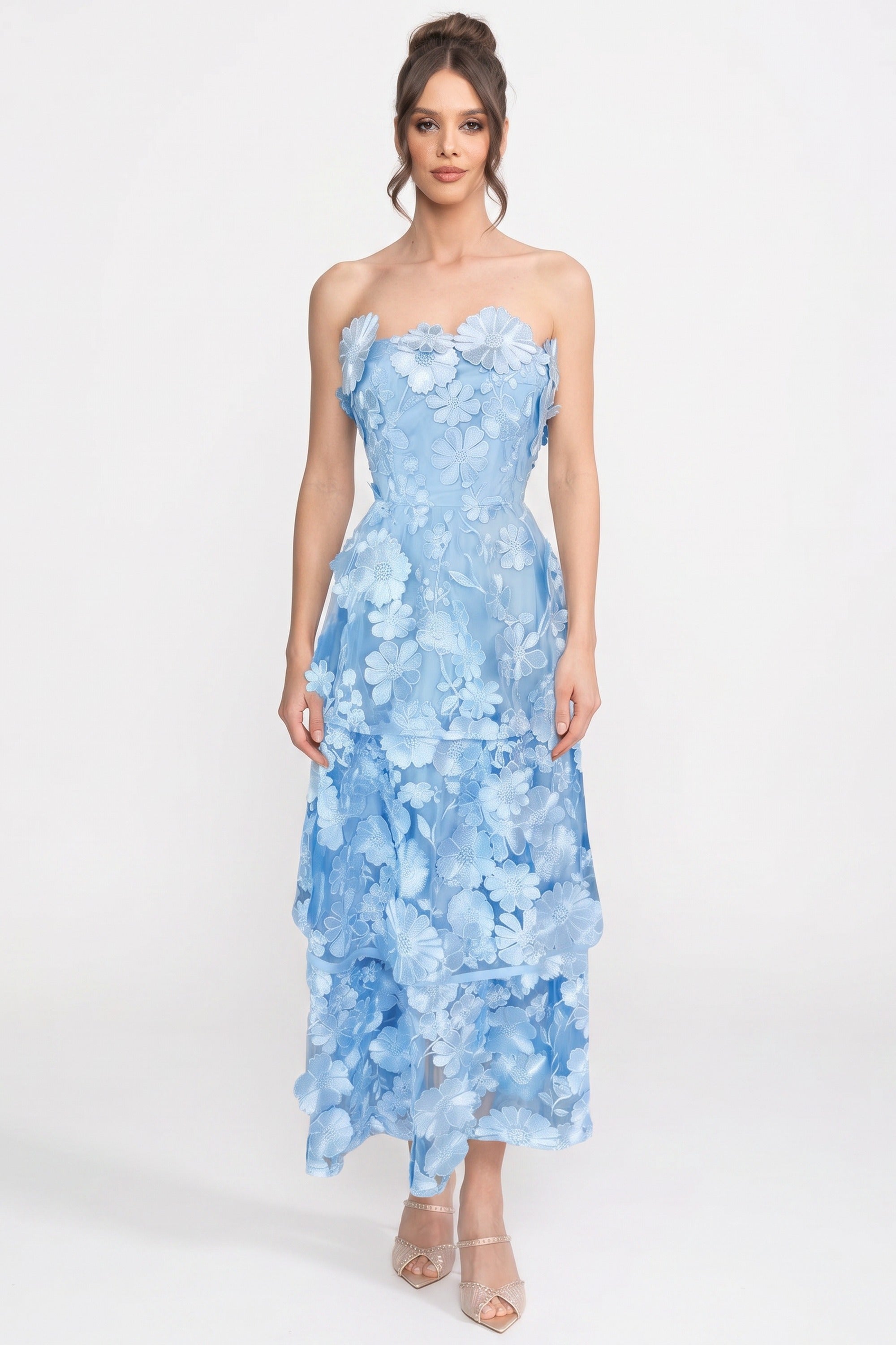 Rochie transparentă stratificată cu talie ajustată și aplicații florale - Light Blue