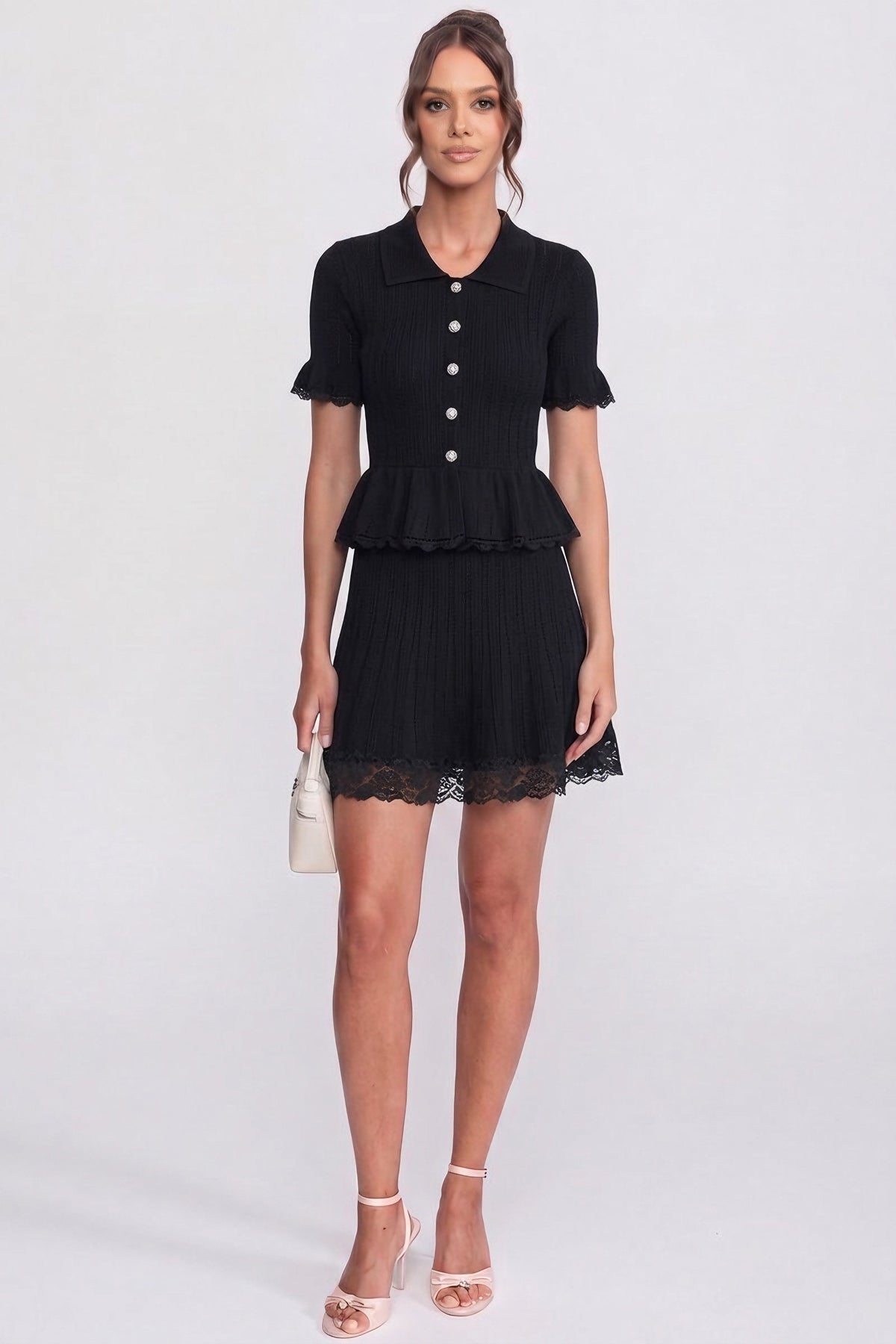 Set cu top cu guler polo și nasturi și mini fustă - Negru