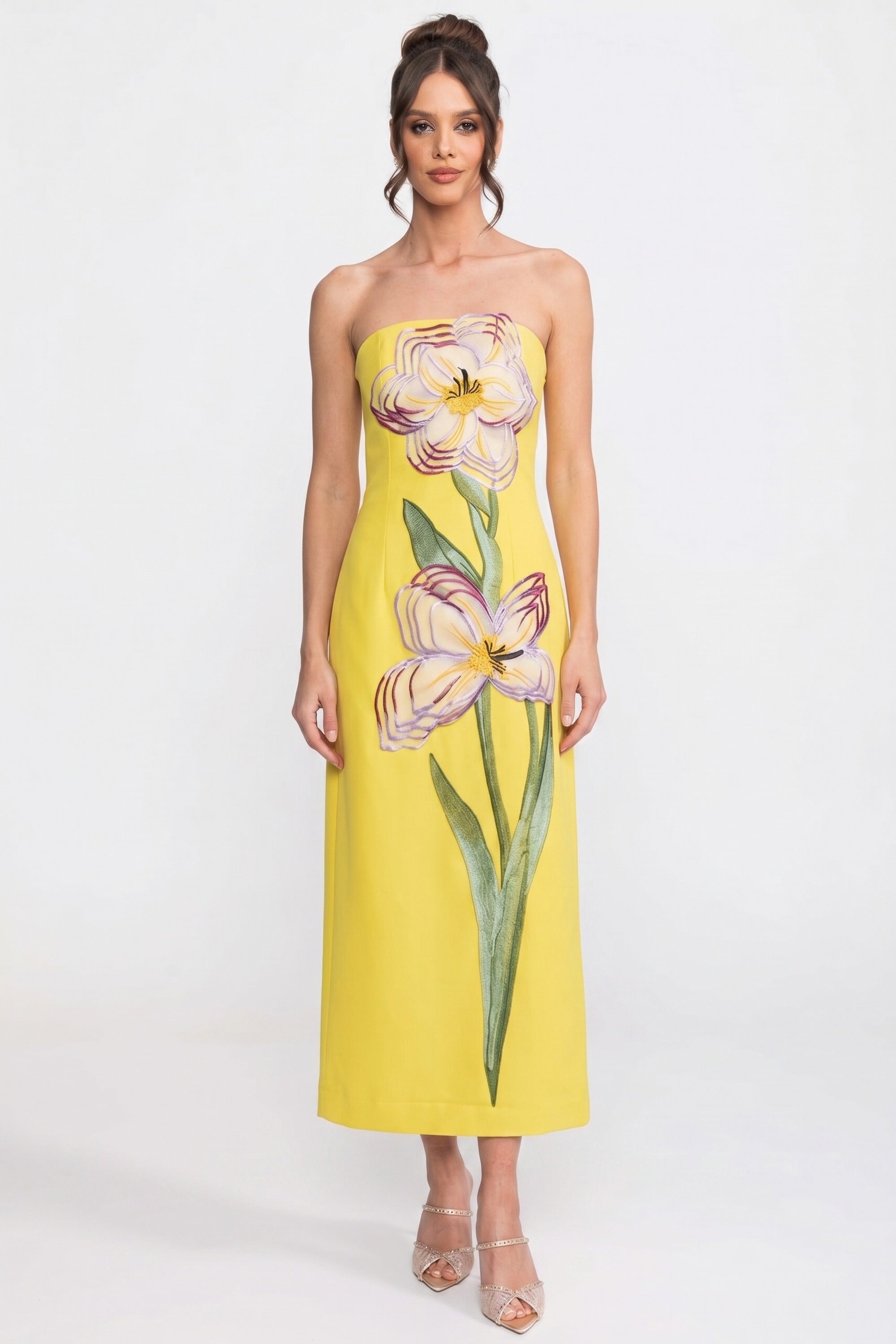 Rochie maxi fără bretele cu imprimeu floral și siluetă columnară - galben